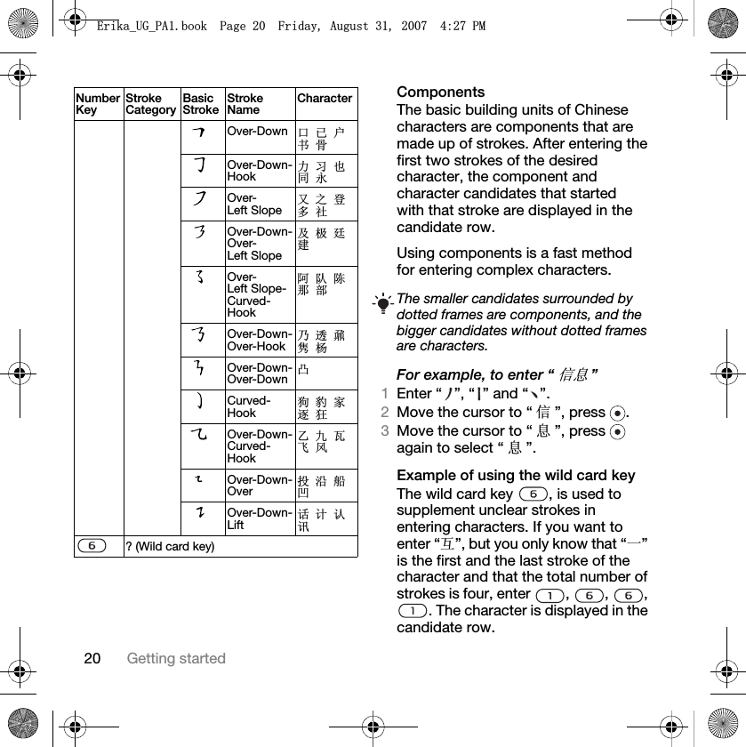 20 Getting startedComponentsThe basic building units of Chinese characters are components that are made up of strokes. After entering the first two strokes of the desired character, the component and character candidates that started with that stroke are displayed in the candidate row.Using components is a fast method for entering complex characters.For example, to enter “ֵᙃ”1Enter “ ”, “ ” and “ ”.2Move the cursor to “ ֵ”, press  .3Move the cursor to “ ᙃ”, press   again to select “ ᙃ”.Example of using the wild card keyThe wild card key  , is used to supplement unclear strokes in entering characters. If you want to enter “Ѧ”, but you only know that “ϔ” is the first and the last stroke of the character and that the total number of strokes is four, enter  ,  ,  , . The character is displayed in the candidate row.Over-Down ষᏆ᠋к偼Over-Down-Hook ࡯дгৠ∌Over-Left Slope জПⱏ໮⼒Over-Down-Over-Left SlopeঞᵕᓋᓎOver-Left Slope-Curved-Hook䰓䯳䰜䙷䚼Over-Down-Over-HookЗ䗣哤䲑ᴼOver-Down-Over-DownߌCurved-Hook⢫䉍ᆊ䗤⢖Over-Down-Curved-HookЭб⪺亲亢Over-Down-Overᡩ⊓㠍ߍOver-Down-Lift䆱䅵䅸䆃? (Wild card key)NumberKeyStroke CategoryBasicStrokeStroke NameCharacterThe smaller candidates surrounded by dotted frames are components, and the bigger candidates without dotted frames are characters.(ULNDB8*B3$ERRN3DJH)ULGD\$XJXVW30