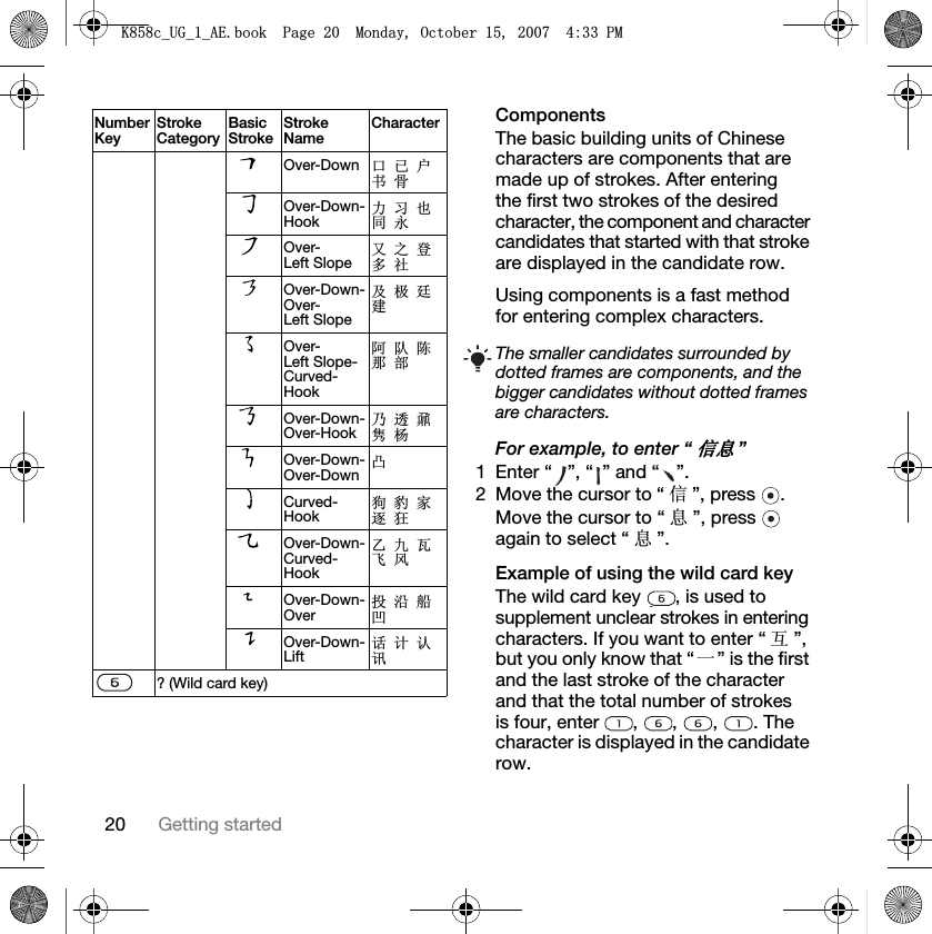 20 Getting startedComponentsThe basic building units of Chinese characters are components that are made up of strokes. After entering the first two strokes of the desired character, the component and character candidates that started with that stroke are displayed in the candidate row.Using components is a fast method for entering complex characters.For example, to enter “ֵᙃ”1 Enter “ ”, “ ” and “ ”.2 Move the cursor to “ ֵ”, press  .Move the cursor to “ ᙃ”, press   again to select “ ᙃ”.Example of using the wild card keyThe wild card key  , is used to supplement unclear strokes in entering characters. If you want to enter “ Ѧ”,but you only know that “ϔ” is the first and the last stroke of the character and that the total number of strokes is four, enter  ,  ,  ,  . The character is displayed in the candidate row.Over-Down ষᏆ᠋к偼Over-Down-Hook࡯дгৠ∌Over-Left SlopeজПⱏ໮⼒Over-Down-Over-Left SlopeঞᵕᓋᓎOver-Left Slope-Curved-Hook䰓䯳䰜䙷䚼Over-Down-Over-HookЗ䗣哤䲑ᴼOver-Down-Over-DownߌCurved-Hook⢫䉍ᆊ䗤⢖Over-Down-Curved-HookЭб⪺亲亢Over-Down-Overᡩ⊓㠍ߍOver-Down-Lift䆱䅵䅸䆃? (Wild card key)NumberKeyStroke CategoryBasicStrokeStroke NameCharacterThe smaller candidates surrounded by dotted frames are components, and the bigger candidates without dotted frames are characters..FB8*BB$(ERRN3DJH0RQGD\2FWREHU30