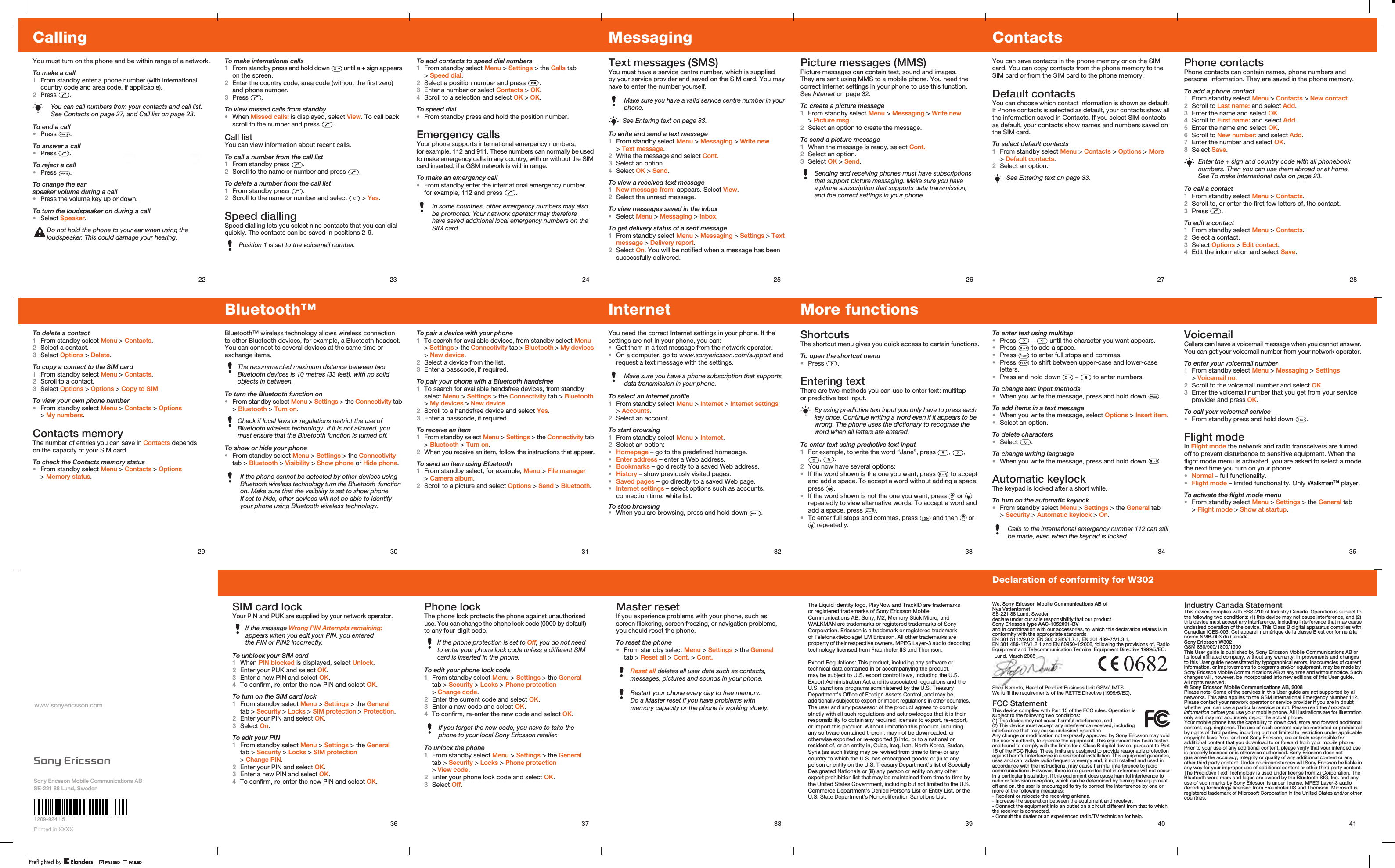 22CallingYou must turn on the phone and be within range of a network.To make a call1From standby enter a phone number (with international country code and area code, if applicable).2Press  .To end a call•Press  .To answer a call•Press  .To reject a call•Press  .To change the ear speaker volume during a call•Press the volume key up or down.To turn the loudspeaker on during a call•Select Speaker.You can call numbers from your contacts and call list. See Contacts on page 27, and Call list on page 23. Do not hold the phone to your ear when using the loudspeaker. This could damage your hearing.23To make international calls1From standby press and hold down   until a + sign appears on the screen.2Enter the country code, area code (without the first zero) and phone number.3Press  . To view missed calls from standby•When Missed calls: is displayed, select View. To call back scroll to the number and press  .Call listYou can view information about recent calls.To call a number from the call list1From standby press  .2Scroll to the name or number and press  .To delete a number from the call list1From standby press  .2Scroll to the name or number and select   &gt; Yes.Speed diallingSpeed dialling lets you select nine contacts that you can dial quickly. The contacts can be saved in positions 2-9. Position 1 is set to the voicemail number.24To add contacts to speed dial numbers1From standby select Menu &gt; Settings &gt; the Calls tab &gt; Speed dial.2Select a position number and press  .3Enter a number or select Contacts &gt; OK.4Scroll to a selection and select OK &gt; OK.To speed dial•From standby press and hold the position number.Emergency callsYour phone supports international emergency numbers, for example, 112 and 911. These numbers can normally be used to make emergency calls in any country, with or without the SIM card inserted, if a GSM network is within range.To make an emergency call•From standby enter the international emergency number, for example, 112 and press  .In some countries, other emergency numbers may also be promoted. Your network operator may therefore have saved additional local emergency numbers on the SIM card. 25MessagingText messages (SMS)You must have a service centre number, which is supplied by your service provider and saved on the SIM card. You may have to enter the number yourself.To write and send a text message1From standby select Menu &gt; Messaging &gt; Write new &gt; Text message.2Write the message and select Cont.3Select an option.4Select OK &gt; Send.To view a received text message1New message from: appears. Select View. 2Select the unread message.To view messages saved in the inbox•Select Menu &gt; Messaging &gt; Inbox. To get delivery status of a sent message1From standby select Menu &gt; Messaging &gt; Settings &gt; Text message &gt; Delivery report.2Select On. You will be notified when a message has been successfully delivered.Make sure you have a valid service centre number in your phone.See Entering text on page 33.26Picture messages (MMS)Picture messages can contain text, sound and images. They are sent using MMS to a mobile phone. You need the correct Internet settings in your phone to use this function. See Internet on page 32.To create a picture message1From standby select Menu &gt; Messaging &gt; Write new &gt; Picture msg.2Select an option to create the message.To send a picture message1When the message is ready, select Cont.2Select an option.3Select OK &gt; Send.Sending and receiving phones must have subscriptions that support picture messaging. Make sure you have a phone subscription that supports data transmission, and the correct settings in your phone.27ContactsYou can save contacts in the phone memory or on the SIM card. You can copy contacts from the phone memory to the SIM card or from the SIM card to the phone memory. Default contactsYou can choose which contact information is shown as default. If Phone contacts is selected as default, your contacts show all the information saved in Contacts. If you select SIM contacts as default, your contacts show names and numbers saved on the SIM card.To select default contacts1From standby select Menu &gt; Contacts &gt; Options &gt; More &gt; Default contacts.2Select an option.See Entering text on page 33.28Phone contactsPhone contacts can contain names, phone numbers and personal information. They are saved in the phone memory.To add a phone contact1From standby select Menu &gt; Contacts &gt; New contact.2Scroll to Last name: and select Add.3Enter the name and select OK.4Scroll to First name: and select Add.5Enter the name and select OK.6Scroll to New number: and select Add.7Enter the number and select OK.8Select Save.To call a contact1From standby select Menu &gt; Contacts.2Scroll to, or enter the first few letters of, the contact.3Press  .To edit a contact1From standby select Menu &gt; Contacts. 2Select a contact.3Select Options &gt; Edit contact.4Edit the information and select Save.Enter the + sign and country code with all phonebook numbers. Then you can use them abroad or at home. See To make international calls on page 23.35VoicemailCallers can leave a voicemail message when you cannot answer. You can get your voicemail number from your network operator.To enter your voicemail number1From standby select Menu &gt; Messaging &gt; Settings &gt; Voicemail no.2Scroll to the voicemail number and select OK.3Enter the voicemail number that you get from your service provider and press OK.To call your voicemail service•From standby press and hold down  .Flight modeIn Flight mode the network and radio transceivers are turned off to prevent disturbance to sensitive equipment. When the flight mode menu is activated, you are asked to select a mode the next time you turn on your phone:•Normal – full functionality.•Flight mode – limited functionality. Only  player.To activate the flight mode menu•From standby select Menu &gt; Settings &gt; the General tab &gt; Flight mode &gt; Show at startup.34To enter text using multitap•Press   –   until the character you want appears.•Press   to add a space.•Press   to enter full stops and commas.•Press   to shift between upper-case and lower-case letters.•Press and hold down   –   to enter numbers.To change text input methods•When you write the message, press and hold down  .To add items in a text message•When you write the message, select Options &gt; Insert item.•Select an option.To delete characters•Select  .To change writing language•When you write the message, press and hold down  .Automatic keylockThe keypad is locked after a short while.To turn on the automatic keylock•From standby select Menu &gt; Settings &gt; the General tab &gt; Security &gt; Automatic keylock &gt; On.Calls to the international emergency number 112 can still be made, even when the keypad is locked.33More functionsShortcutsThe shortcut menu gives you quick access to certain functions.To open the shortcut menu •Press  .Entering text There are two methods you can use to enter text: multitap or predictive text input.To enter text using predictive text input1For example, to write the word “Jane”, press  ,  , ,  .2You now have several options:•If the word shown is the one you want, press   to accept and add a space. To accept a word without adding a space, press  . •If the word shown is not the one you want, press   or   repeatedly to view alternative words. To accept a word and add a space, press  .•To enter full stops and commas, press   and then   or  repeatedly.By using predictive text input you only have to press each key once. Continue writing a word even if it appears to be wrong. The phone uses the dictionary to recognise the word when all letters are entered. 32InternetYou need the correct Internet settings in your phone. If the settings are not in your phone, you can:•Get them in a text message from the network operator.•On a computer, go to www.sonyericsson.com/support and request a text message with the settings.To select an Internet profile1From standby select Menu &gt; Internet &gt; Internet settings &gt; Accounts. 2Select an account.To start browsing1From standby select Menu &gt; Internet. 2Select an option:•Homepage – go to the predefined homepage.•Enter address – enter a Web address.•Bookmarks – go directly to a saved Web address.•History – show previously visited pages.•Saved pages – go directly to a saved Web page.•Internet settings – select options such as accounts, connection time, white list.To stop browsing•When you are browsing, press and hold down  .Make sure you have a phone subscription that supports data transmission in your phone.30Bluetooth™Bluetooth™ wireless technology allows wireless connection to other Bluetooth devices, for example, a Bluetooth headset. You can connect to several devices at the same time or exchange items.To turn the Bluetooth function on•From standby select Menu &gt; Settings &gt; the Connectivity tab &gt; Bluetooth &gt; Turn on.To show or hide your phone•From standby select Menu &gt; Settings &gt; the Connectivity tab &gt; Bluetooth &gt; Visibility &gt; Show phone or Hide phone.The recommended maximum distance between two Bluetooth devices is 10 metres (33 feet), with no solid objects in between.Check if local laws or regulations restrict the use of Bluetooth wireless technology. If it is not allowed, you must ensure that the Bluetooth function is turned off.If the phone cannot be detected by other devices using Bluetooth wireless technology turn the Bluetooth  function on. Make sure that the visibility is set to show phone. If set to hide, other devices will not be able to identify your phone using Bluetooth wireless technology.29To delete a contact1From standby select Menu &gt; Contacts. 2Select a contact.3Select Options &gt; Delete.To copy a contact to the SIM card1From standby select Menu &gt; Contacts.2Scroll to a contact.3Select Options &gt; Options &gt; Copy to SIM.To view your own phone number•From standby select Menu &gt; Contacts &gt; Options &gt; My numbers. Contacts memoryThe number of entries you can save in Contacts depends on the capacity of your SIM card.To check the Contacts memory status•From standby select Menu &gt; Contacts &gt; Options &gt; Memory status.31To pair a device with your phone1To search for available devices, from standby select Menu &gt; Settings &gt; the Connectivity tab &gt; Bluetooth &gt; My devices &gt; New device. 2Select a device from the list. 3Enter a passcode, if required.To pair your phone with a Bluetooth handsfree1To search for available handsfree devices, from standby select Menu &gt; Settings &gt; the Connectivity tab &gt; Bluetooth &gt; My devices &gt; New device.2Scroll to a handsfree device and select Yes.3Enter a passcode, if required. To receive an item1From standby select Menu &gt; Settings &gt; the Connectivity tab &gt; Bluetooth &gt; Turn on.2When you receive an item, follow the instructions that appear.To send an item using Bluetooth1From standby select, for example, Menu &gt; File manager &gt; Camera album.2Scroll to a picture and select Options &gt; Send &gt; Bluetooth.Sony Ericsson Mobile Communications ABSE-221 88 Lund, Swedenwww.sonyericsson.com1209-9241.Printed in XXXX36SIM card lockYour PIN and PUK are supplied by your network operator. To unblock your SIM card1When PIN blocked is displayed, select Unlock.2Enter your PUK and select OK.3Enter a new PIN and select OK.4To confirm, re-enter the new PIN and select OK.To turn on the SIM card lock1From standby select Menu &gt; Settings &gt; the General tab &gt; Security &gt; Locks &gt; SIM protection &gt; Protection.2Enter your PIN and select OK.3Select On.To edit your PIN1From standby select Menu &gt; Settings &gt; the General tab &gt; Security &gt; Locks &gt; SIM protection &gt; Change PIN.2Enter your PIN and select OK.3Enter a new PIN and select OK.4To confirm, re-enter the new PIN and select OK.If the message Wrong PIN Attempts remaining: appears when you edit your PIN, you entered the PIN or PIN2 incorrectly.37Phone lockThe phone lock protects the phone against unauthorised use. You can change the phone lock code (0000 by default) to any four-digit code.To edit your phone lock code1From standby select Menu &gt; Settings &gt; the General tab &gt; Security &gt; Locks &gt; Phone protection &gt; Change code.2Enter the current code and select OK.3Enter a new code and select OK.4To confirm, re-enter the new code and select OK.To unlock the phone1From standby select Menu &gt; Settings &gt; the General tab &gt; Security &gt; Locks &gt; Phone protection &gt; View code.2Enter your phone lock code and select OK.3Select Off.If the phone protection is set to Off, you do not need to enter your phone lock code unless a different SIM card is inserted in the phone.If you forget the new code, you have to take the phone to your local Sony Ericsson retailer.38Master resetIf you experience problems with your phone, such as screen flickering, screen freezing, or navigation problems, you should reset the phone.To reset the phone•From standby select Menu &gt; Settings &gt; the General tab &gt; Reset all &gt; Cont. &gt; Cont.Reset all deletes all user data such as contacts, messages, pictures and sounds in your phone.Restart your phone every day to free memory. Do a Master reset if you have problems with memory capacity or the phone is working slowly.39The Liquid Identity logo, PlayNow and TrackID are trademarks or registered trademarks of Sony Ericsson Mobile Communications AB. Sony, M2, Memory Stick Micro, and WALKMAN are trademarks or registered trademarks of Sony Corporation. Ericsson is a trademark or registered trademark of Telefonaktiebolaget LM Ericsson. All other trademarks are property of their respective owners. MPEG Layer-3 audio decoding technology licensed from Fraunhofer IIS and Thomson.Export Regulations: This product, including any software or technical data contained in or accompanying the product, may be subject to U.S. export control laws, including the U.S. Export Administration Act and its associated regulations and the U.S. sanctions programs administered by the U.S. Treasury Department’s Office of Foreign Assets Control, and may be additionally subject to export or import regulations in other countries. The user and any possessor of the product agrees to comply strictly with all such regulations and acknowledges that it is their responsibility to obtain any required licenses to export, re-export, or import this product. Without limitation this product, including any software contained therein, may not be downloaded, or otherwise exported or re-exported (i) into, or to a national or resident of, or an entity in, Cuba, Iraq, Iran, North Korea, Sudan, Syria (as such listing may be revised from time to time) or any country to which the U.S. has embargoed goods; or (ii) to any person or entity on the U.S. Treasury Department’s list of Specially Designated Nationals or (iii) any person or entity on any other export prohibition list that may be maintained from time to time by the United States Government, including but not limited to the U.S. Commerce Department’s Denied Persons List or Entity List, or the U.S. State Department’s Nonproliferation Sanctions List. 40Declaration of conformity for W302We, Sony Ericsson Mobile Communications AB ofNya VattentornetSE-221 88 Lund, Swedendeclare under our sole responsibility that our productSony Ericsson type AAC-1052091-BVand in combination with our accessories, to which this declaration relates is in conformity with the appropriate standards EN 301 511:V9.0.2, EN 300 328:V1.7.1, EN 301 489-7:V1.3.1, EN 301 489-17:V1.2.1 and EN 60950-1:2006, following the provisions of, Radio Equipment and Telecommunication Terminal Equipment Directive 1999/5/EC.We fulfil the requirements of the R&amp;TTE Directive (1999/5/EC).FCC StatementThis device complies with Part 15 of the FCC rules. Operation is subject to the following two conditions: (1) This device may not cause harmful interference, and (2) This device must accept any interference received, including interference that may cause undesired operation.Any change or modification not expressly approved by Sony Ericsson may void the user’s authority to operate the equipment. This equipment has been tested and found to comply with the limits for a Class B digital device, pursuant to Part 15 of the FCC Rules. These limits are designed to provide reasonable protection against harmful interference in a residential installation. This equipment generates, uses and can radiate radio frequency energy and, if not installed and used in accordance with the instructions, may cause harmful interference to radio communications. However, there is no guarantee that interference will not occur in a particular installation. If this equipment does cause harmful interference to radio or television reception, which can be determined by turning the equipment off and on, the user is encouraged to try to correct the interference by one or more of the following measures:- Reorient or relocate the receiving antenna.- Increase the separation between the equipment and receiver.- Connect the equipment into an outlet on a circuit different from that to which the receiver is connected.- Consult the dealer or an experienced radio/TV technician for help.Lund, March 2008Shoji Nemoto, Head of Product Business Unit GSM/UMTS41Industry Canada StatementThis device complies with RSS-210 of Industry Canada. Operation is subject to the following two conditions: (1) this device may not cause interference, and (2) this device must accept any interference, including interference that may cause undesired operation of the device. This Class B digital apparatus complies with Canadian ICES-003. Cet appareil numérique de la classe B est conforme à la norme NMB-003 du Canada.Sony Ericsson W302GSM 850/900/1800/1900This User guide is published by Sony Ericsson Mobile Communications AB or its local affiliated company, without any warranty. Improvements and changes to this User guide necessitated by typographical errors, inaccuracies of current information, or improvements to programs and/or equipment, may be made by Sony Ericsson Mobile Communications AB at any time and without notice. Such changes will, however, be incorporated into new editions of this User guide.All rights reserved.© Sony Ericsson Mobile Communications AB, 2008Please note: Some of the services in this User guide are not supported by all networks. This also applies to the GSM International Emergency Number 112. Please contact your network operator or service provider if you are in doubt whether you can use a particular service or not. Please read the Important information before you use your mobile phone. All illustrations are for illustration only and may not accurately depict the actual phone.Your mobile phone has the capability to download, store and forward additional content, e.g. ringtones. The use of such content may be restricted or prohibited by rights of third parties, including but not limited to restriction under applicable copyright laws. You, and not Sony Ericsson, are entirely responsible for additional content that you download to or forward from your mobile phone. Prior to your use of any additional content, please verify that your intended use is properly licensed or is otherwise authorised. Sony Ericsson does not guarantee the accuracy, integrity or quality of any additional content or any other third party content. Under no circumstances will Sony Ericsson be liable in any way for your improper use of additional content or other third party content. The Predictive Text Technology is used under license from Zi Corporation. The Bluetooth word mark and logos are owned by the Bluetooth SIG, Inc. and any use of such marks by Sony Ericsson is under license. MPEG Layer-3 audio decoding technology licensed from Fraunhofer IIS and Thomson. Microsoft is registered trademark of Microsoft Corporation in the United States and/or other countries.5Walkman™ 