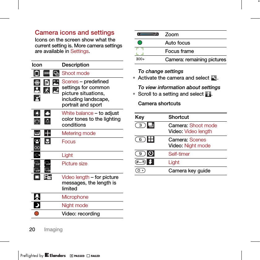20 ImagingCamera icons and settingsIcons on the screen show what the current setting is. More camera settings are available in Settings. To change settings•Activate the camera and select  .To view information about settings•Scroll to a setting and select  .Camera shortcutsIcon DescriptionShoot modeScenes – predefined settings for common picture situations, including landscape, portrait and sportWhite balance – to adjust color tones to the lighting conditionsMetering modeFocusLightPicture sizeVideo length – for picture messages, the length is limitedMicrophoneNight modeVideo: recordingZoomAuto focusFocus frameCamera: remaining picturesKey ShortcutCamera: Shoot modeVideo: Video lengthCamera: Scenes Video: Night modeSelf-timerLightCamera key guide