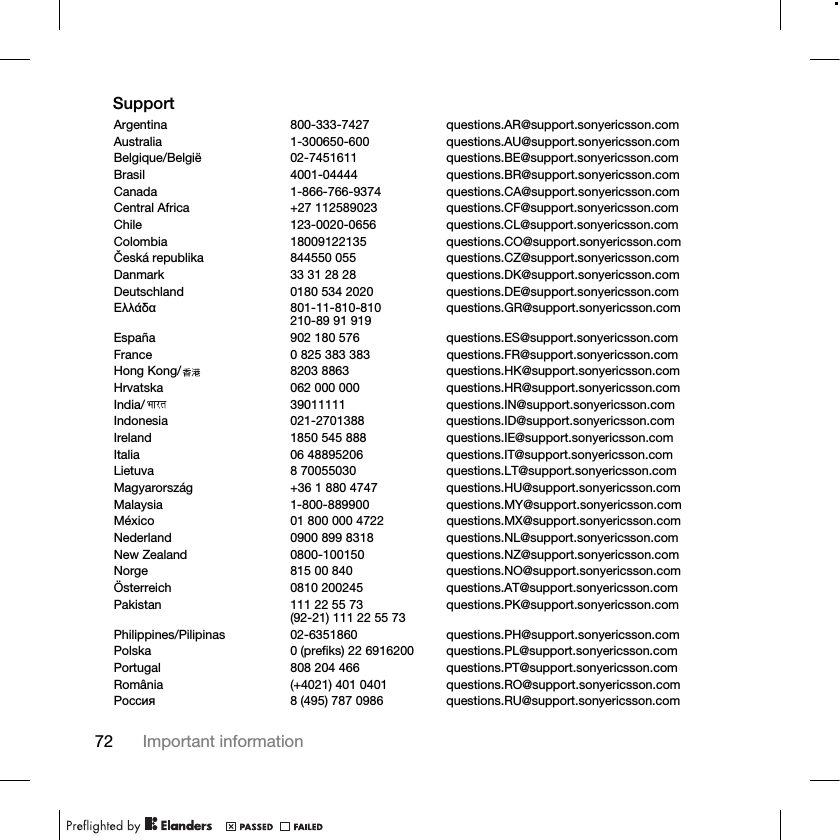 72 Important informationSupportArgentina 800-333-7427 questions.AR@support.sonyericsson.comAustralia 1-300650-600 questions.AU@support.sonyericsson.comBelgique/België 02-7451611 questions.BE@support.sonyericsson.comBrasil 4001-04444 questions.BR@support.sonyericsson.comCanada 1-866-766-9374 questions.CA@support.sonyericsson.comCentral Africa +27 112589023 questions.CF@support.sonyericsson.comChile 123-0020-0656 questions.CL@support.sonyericsson.comColombia 18009122135 questions.CO@support.sonyericsson.comČeská republika 844550 055 questions.CZ@support.sonyericsson.comDanmark 33 31 28 28 questions.DK@support.sonyericsson.comDeutschland 0180 534 2020 questions.DE@support.sonyericsson.comǼȜȜȐįĮ 801-11-810-810210-89 91 919 questions.GR@support.sonyericsson.comEspaña 902 180 576 questions.ES@support.sonyericsson.comFrance 0 825 383 383 questions.FR@support.sonyericsson.comHong Kong/ 8203 8863 questions.HK@support.sonyericsson.comHrvatska 062 000 000 questions.HR@support.sonyericsson.comIndia/ 39011111 questions.IN@support.sonyericsson.comIndonesia 021-2701388 questions.ID@support.sonyericsson.comIreland 1850 545 888 questions.IE@support.sonyericsson.comItalia 06 48895206 questions.IT@support.sonyericsson.comLietuva 8 70055030 questions.LT@support.sonyericsson.comMagyarország +36 1 880 4747 questions.HU@support.sonyericsson.comMalaysia 1-800-889900 questions.MY@support.sonyericsson.comMéxico 01 800 000 4722 questions.MX@support.sonyericsson.comNederland 0900 899 8318 questions.NL@support.sonyericsson.comNew Zealand 0800-100150 questions.NZ@support.sonyericsson.comNorge 815 00 840 questions.NO@support.sonyericsson.comÖsterreich 0810 200245 questions.AT@support.sonyericsson.comPakistan 111 22 55 73(92-21) 111 22 55 73 questions.PK@support.sonyericsson.comPhilippines/Pilipinas 02-6351860 questions.PH@support.sonyericsson.comPolska 0 (prefiks) 22 6916200 questions.PL@support.sonyericsson.comPortugal 808 204 466 questions.PT@support.sonyericsson.comRomânia (+4021) 401 0401 questions.RO@support.sonyericsson.com Ɋɨɫɫɢɹ 8 (495) 787 0986 questions.RU@support.sonyericsson.com