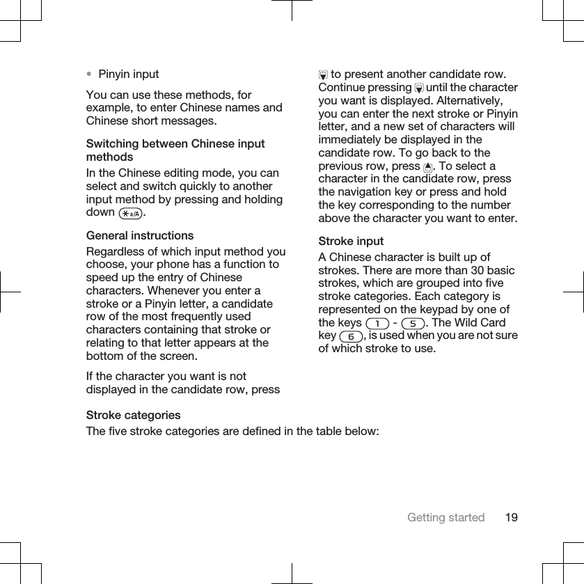 •Pinyin inputYou can use these methods, forexample, to enter Chinese names andChinese short messages.Switching between Chinese inputmethodsIn the Chinese editing mode, you canselect and switch quickly to anotherinput method by pressing and holdingdown  .General instructionsRegardless of which input method youchoose, your phone has a function tospeed up the entry of Chinesecharacters. Whenever you enter astroke or a Pinyin letter, a candidaterow of the most frequently usedcharacters containing that stroke orrelating to that letter appears at thebottom of the screen.If the character you want is notdisplayed in the candidate row, press to present another candidate row.Continue pressing   until the characteryou want is displayed. Alternatively,you can enter the next stroke or Pinyinletter, and a new set of characters willimmediately be displayed in thecandidate row. To go back to theprevious row, press  . To select acharacter in the candidate row, pressthe navigation key or press and holdthe key corresponding to the numberabove the character you want to enter.Stroke inputA Chinese character is built up ofstrokes. There are more than 30 basicstrokes, which are grouped into fivestroke categories. Each category isrepresented on the keypad by one ofthe keys   -  . The Wild Cardkey  , is used when you are not sureof which stroke to use.Stroke categoriesThe five stroke categories are defined in the table below:Getting started 19