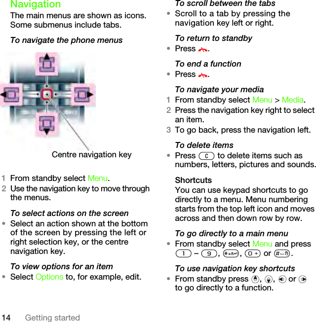 14 Getting startedNavigationThe main menus are shown as icons. Some submenus include tabs. To navigate the phone menus1From standby select Menu.2Use the navigation key to move through the menus.To select actions on the screen•Select an action shown at the bottom of the screen by pressing the left or right selection key, or the centre navigation key.To view options for an item•Select Options to, for example, edit.To scroll between the tabs•Scroll to a tab by pressing the navigation key left or right.To return to standby•Press .To end a function•Press .To navigate your media1From standby select Menu &gt; Media.2Press the navigation key right to select an item.3To go back, press the navigation left.To delete items•Press   to delete items such as numbers, letters, pictures and sounds.ShortcutsYou can use keypad shortcuts to go directly to a menu. Menu numbering starts from the top left icon and moves across and then down row by row.To go directly to a main menu•From standby select Menu and press  –  ,  ,   or  .To use navigation key shortcuts•From standby press , ,  or  to go directly to a function.Centre navigation keyThis is the Internet version of the User&apos;s guide. © Print only for private use.