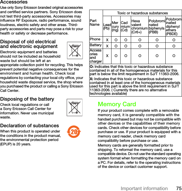 75Important informationAccessoriesUse only Sony Ericsson branded original accessories and certified service partners. Sony Ericsson does not test third-party accessories. Accessories may influence RF Exposure, radio performance, sound loudness, electric safety and other areas. Third-party accessories and parts may pose a risk to your health or safety or decrease performance.Disposal of old electrical and electronic equipmentElectronic equipment and batteries should not be included as household waste but should be left at an appropriate collection point for recycling. This helps prevent potential negative consequences for the environment and human health. Check local regulations by contacting your local city office, your household waste disposal service, the shop where you purchased the product or calling a Sony Ericsson Call Center.Disposing of the batteryCheck local regulations or call a Sony Ericsson Call Center for information. Never use municipal waste.Declaration of substancesWhen this product is operated under the conditions in the product manual, the environmental protection period (EPUP) is 20 years.Memory CardIf your product comes complete with a removable memory card, it is generally compatible with the handset purchased but may not be compatible with other devices or the capabilities of their memory cards. Check other devices for compatibility before purchase or use. If your product is equipped with a memory card reader, check memory card compatibility before purchase or use.Memory cards are generally formatted prior to shipping. To reformat the memory card, use a compatible device. Do not use the standard operating system format when formatting the memory card on a PC. For details, refer to the operating instructions of the device or contact customer support.20Part NameToxic or hazardous substances Lead (Pb)Mercury(Hg)Cadmium(Cd)Hexavalent chromium (Cr6+)Polybrominated biphenyls (PBB)Polybrominated diphenyl ethers(PBDE)Phone XO O O O OBattery XO O O O OAccessories and chargerXO O O O OO: Indicates that this toxic or hazardous substance contained in all of the homogeneous materials for this part is below the limit requirement in SJ/T 11363-2006. X: Indicates that this toxic or hazardous substance contained in at least one of the homogeneous materials used for this part is above the limit requirement in SJ/T 11363-2006. ( Currently there are no alternative technologies available)This is the Internet version of the User&apos;s guide. © Print only for private use.