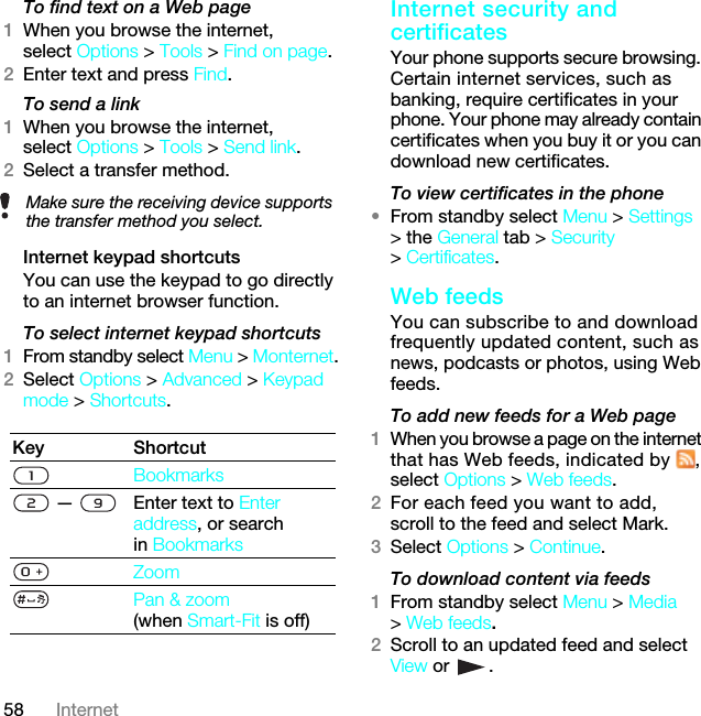 58 InternetTo find text on a Web page 1When you browse the internet, select Options &gt; Tools &gt; Find on page.2Enter text and press Find.To send a link1When you browse the internet, select Options &gt; Tools &gt; Send link.2Select a transfer method.Internet keypad shortcutsYou can use the keypad to go directly to an internet browser function.To select internet keypad shortcuts1From standby select Menu &gt; Monternet.2Select Options &gt; Advanced &gt; Keypad mode &gt; Shortcuts. Internet security and certificates Your phone supports secure browsing. Certain internet services, such as banking, require certificates in your phone. Your phone may already contain certificates when you buy it or you can download new certificates.To view certificates in the phone•From standby select Menu &gt; Settings &gt; the General tab &gt; Security &gt; Certificates.Web feeds You can subscribe to and download frequently updated content, such as news, podcasts or photos, using Web feeds.To add new feeds for a Web page1When you browse a page on the internet that has Web feeds, indicated by  , select Options &gt; Web feeds.2For each feed you want to add, scroll to the feed and select Mark.3Select Options &gt; Continue.To download content via feeds1From standby select Menu &gt; Media &gt; Web feeds.2Scroll to an updated feed and select View or  .Make sure the receiving device supports the transfer method you select.Key ShortcutBookmarks —  Enter text to Enter address, or search in BookmarksZoomPan &amp; zoom (when Smart-Fit is off)7KLVLVWKH,QWHUQHWYHUVLRQRIWKH8VHUJXLGH3ULQWRQO\IRUSULYDWHXVH