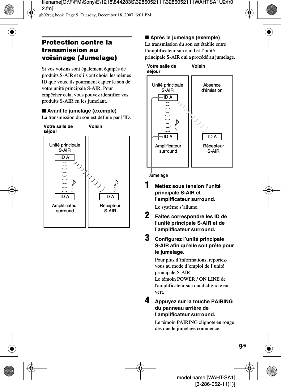 filename[G:\F\FM\Sony\E\1218\844283S\3286052111\3286052111WAHTSA1U2\fr02.fm]9FR model name [WAHT-SA1] [3-286-052-11(1)]Protection contre la transmission au voisinage (Jumelage)Si vos voisins sont également équipés de produits S-AIR et s’ils ont choisi les mêmes ID que vous, ils pourraient capter le son de votre unité principale S-AIR. Pour empêcher cela, vous pouvez identifier vos produits S-AIR en les jumelant.xAvant le jumelage (exemple)La transmission du son est définie par l’ID.xAprès le jumelage (exemple)La transmission du son est établie entre l’amplificateur surround et l’unité principale S-AIR qui a procédé au jumelage.1Mettez sous tension l’unité principale S-AIR et l’amplificateur surround.Le système s’allume.2Faites correspondre les ID de l’unité principale S-AIR et de l’amplificateur surround.3Configurez l’unité principale S-AIR afin qu’elle soit prête pour le jumelage.Pour plus d’informations, reportez-vous au mode d’emploi de l’unité principale S-AIR.Le témoin POWER / ON LINE de l&apos;amplificateur surround clignote en vert.4Appuyez sur la touche PAIRING du panneau arrière de l’amplificateur surround.Le témoin PAIRING clignote en rouge dès que le jumelage commence.Unité principale S-AIRID AAmplificateur surroundID ARécepteur S-AIRID AVotre salle de séjourVoisinID AUnité principale S-AIRID A ID AJumelageAmplificateur surroundRécepteur S-AIRVotre salle de séjourVoisinAbsence d&apos;émissiongb02reg.book  Page 9  Tuesday, December 18, 2007  6:01 PM