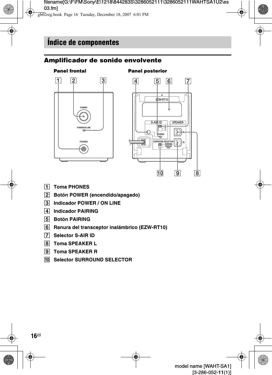 filename[G:\F\FM\Sony\E\1218\844283S\3286052111\3286052111WAHTSA1U2\es03.fm]16ES model name [WAHT-SA1] [3-286-052-11(1)]Amplificador de sonido envolventeAToma PHONESBBotón POWER (encendido/apagado)CIndicador POWER / ON LINEDIndicador PAIRINGEBotón PAIRINGFRanura del transceptor inalámbrico (EZW-RT10)GSelector S-AIR IDHToma SPEAKER LIToma SPEAKER RJSelector SURROUND SELECTORÍndice de componentesPHONESPOWERPOWER/ON LINEPanel frontal Panel posteriorRSURROUND SELECTORS-AIR IDEZW-RT10SPEAKERSURROUNDPA I R I N GCBASURROUNDBACKLgb02reg.book  Page 16  Tuesday, December 18, 2007  6:01 PM
