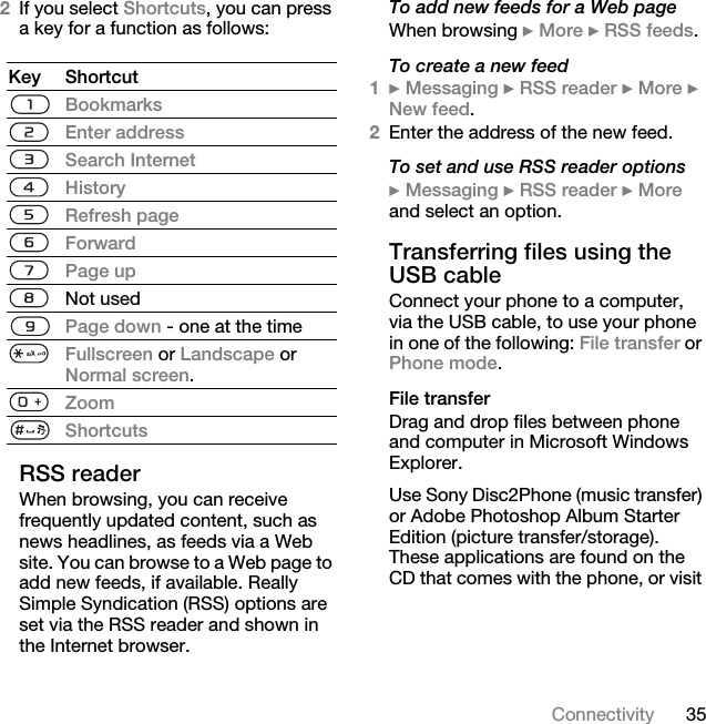 35Connectivity2If you select Shortcuts, you can press a key for a function as follows:RSS readerWhen browsing, you can receive frequently updated content, such as news headlines, as feeds via a Web site. You can browse to a Web page to add new feeds, if available. Really Simple Syndication (RSS) options are set via the RSS reader and shown in the Internet browser.To add new feeds for a Web pageWhen browsing } More } RSS feeds.To create a new feed1} Messaging } RSS reader } More } New feed.2Enter the address of the new feed.To set and use RSS reader options} Messaging } RSS reader } More and select an option.Transferring files using the USB cableConnect your phone to a computer, via the USB cable, to use your phone in one of the following: File transfer or Phone mode.File transferDrag and drop files between phone and computer in Microsoft Windows Explorer.Use Sony Disc2Phone (music transfer) or Adobe Photoshop Album Starter Edition (picture transfer/storage). These applications are found on the CD that comes with the phone, or visit Key ShortcutBookmarksEnter addressSearch InternetHistoryRefresh pageForwardPage upNot usedPage down - one at the timeFullscreen or Landscape or Normal screen.ZoomShortcuts