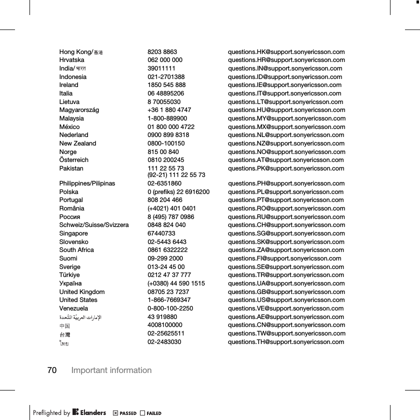 70 Important informationHong Kong/ 8203 8863 questions.HK@support.sonyericsson.comHrvatska 062 000 000 questions.HR@support.sonyericsson.comIndia/ 39011111 questions.IN@support.sonyericsson.comIndonesia 021-2701388 questions.ID@support.sonyericsson.comIreland 1850 545 888 questions.IE@support.sonyericsson.comItalia 06 48895206 questions.IT@support.sonyericsson.comLietuva 8 70055030 questions.LT@support.sonyericsson.comMagyarország +36 1 880 4747 questions.HU@support.sonyericsson.comMalaysia 1-800-889900 questions.MY@support.sonyericsson.comMéxico 01 800 000 4722 questions.MX@support.sonyericsson.comNederland 0900 899 8318 questions.NL@support.sonyericsson.comNew Zealand 0800-100150 questions.NZ@support.sonyericsson.comNorge 815 00 840 questions.NO@support.sonyericsson.comÖsterreich 0810 200245 questions.AT@support.sonyericsson.comPakistan 111 22 55 73(92-21) 111 22 55 73 questions.PK@support.sonyericsson.comPhilippines/Pilipinas 02-6351860 questions.PH@support.sonyericsson.comPolska 0 (prefiks) 22 6916200 questions.PL@support.sonyericsson.comPortugal 808 204 466 questions.PT@support.sonyericsson.comRomânia (+4021) 401 0401 questions.RO@support.sonyericsson.com Ɋɨɫɫɢɹ 8 (495) 787 0986 questions.RU@support.sonyericsson.comSchweiz/Suisse/Svizzera 0848 824 040 questions.CH@support.sonyericsson.comSingapore 67440733 questions.SG@support.sonyericsson.comSlovensko 02-5443 6443 questions.SK@support.sonyericsson.comSouth Africa 0861 6322222 questions.ZA@support.sonyericsson.comSuomi 09-299 2000 questions.FI@support.sonyericsson.comSverige 013-24 45 00 questions.SE@support.sonyericsson.comTürkiye 0212 47 37 777 questions.TR@support.sonyericsson.comɍɤɪɚʀɧɚ (+0380) 44 590 1515 questions.UA@support.sonyericsson.comUnited Kingdom 08705 23 7237 questions.GB@support.sonyericsson.comUnited States 1-866-7669347 questions.US@support.sonyericsson.comVenezuela 0-800-100-2250 questions.VE@support.sonyericsson.com43 919880 questions.AE@support.sonyericsson.com4008100000 questions.CN@support.sonyericsson.com02-25625511 questions.TW@support.sonyericsson.com02-2483030 questions.TH@support.sonyericsson.com