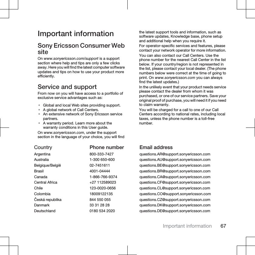 Important informationSony Ericsson Consumer WebsiteOn www.sonyericsson.com/support is a supportsection where help and tips are only a few clicksaway. Here you will find the latest computer softwareupdates and tips on how to use your product moreefficiently.Service and supportFrom now on you will have access to a portfolio ofexclusive service advantages such as:•Global and local Web sites providing support.•A global network of Call Centers.•An extensive network of Sony Ericsson servicepartners.•A warranty period. Learn more about thewarranty conditions in this User guide.On www.sonyericsson.com, under the supportsection in the language of your choice, you will findthe latest support tools and information, such assoftware updates, Knowledge base, phone setupand additional help when you require it.For operator-specific services and features, pleasecontact your network operator for more information.You can also contact our Call Centers. Use thephone number for the nearest Call Center in the listbelow. If your country/region is not represented inthe list, please contact your local dealer. (The phonenumbers below were correct at the time of going toprint. On www.sonyericsson.com you can alwaysfind the latest updates.)In the unlikely event that your product needs serviceplease contact the dealer from whom it waspurchased, or one of our service partners. Save youroriginal proof of purchase, you will need it if you needto claim warranty.You will be charged for a call to one of our CallCenters according to national rates, including localtaxes, unless the phone number is a toll-freenumber.Country Phone number Email addressArgentina 800-333-7427 questions.AR@support.sonyericsson.comAustralia 1-300 650-600 questions.AU@support.sonyericsson.comBelgique/België 02-7451611 questions.BE@support.sonyericsson.comBrasil 4001-04444 questions.BR@support.sonyericsson.comCanada 1-866-766-9374 questions.CA@support.sonyericsson.comCentral Africa +27 112589023 questions.CF@support.sonyericsson.comChile 123-0020-0656 questions.CL@support.sonyericsson.comColombia 18009122135 questions.CO@support.sonyericsson.comČeská republika 844 550 055 questions.CZ@support.sonyericsson.comDanmark 33 31 28 28 questions.DK@support.sonyericsson.comDeutschland 0180 534 2020 questions.DE@support.sonyericsson.comImportant information 67