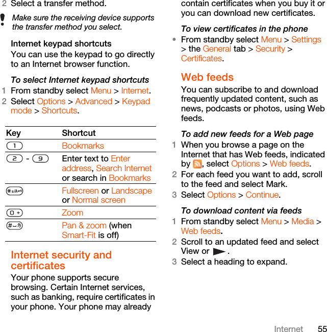 55Internet2Select a transfer method.Internet keypad shortcutsYou can use the keypad to go directly to an Internet browser function.To select Internet keypad shortcuts1From standby select Menu &gt; Internet.2Select Options &gt; Advanced &gt; Keypad mode &gt; Shortcuts. Internet security and certificates Your phone supports secure browsing. Certain Internet services, such as banking, require certificates in your phone. Your phone may already contain certificates when you buy it or you can download new certificates.To view certificates in the phone•From standby select Menu &gt; Settings &gt; the General tab &gt; Security &gt; Certificates.Web feeds You can subscribe to and download frequently updated content, such as news, podcasts or photos, using Web feeds.To add new feeds for a Web page1When you browse a page on the Internet that has Web feeds, indicated by , select Options &gt; Web feeds.2For each feed you want to add, scroll to the feed and select Mark.3Select Options &gt; Continue.To download content via feeds1From standby select Menu &gt; Media &gt; Web feeds.2Scroll to an updated feed and select View or  .3Select a heading to expand.Make sure the receiving device supports the transfer method you select.Key ShortcutBookmarks -  Enter text to Enter address, Search Internet or search in BookmarksFullscreen or Landscape or Normal screen ZoomPan &amp; zoom (when Smart-Fit is off)