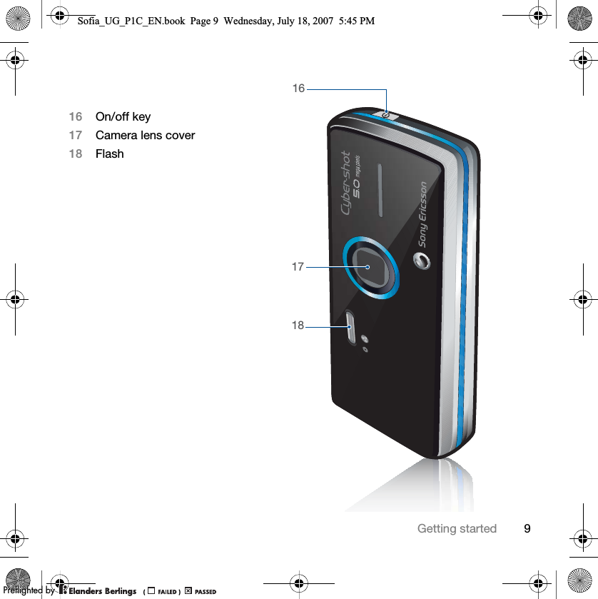 9Getting started16171816 On/off key17 Camera lens cover18 FlashSofia_UG_P1C_EN.book  Page 9  Wednesday, July 18, 2007  5:45 PM0REFLIGHTEDBY0REFLIGHTEDBY