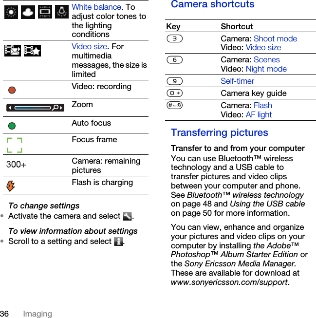 36 ImagingTo change settings•Activate the camera and select  .To view information about settings•Scroll to a setting and select  .Camera shortcutsTransferring picturesTransfer to and from your computerYou can use Bluetooth™ wireless technology and a USB cable to transfer pictures and video clips between your computer and phone. See Bluetooth™ wireless technology on page 48 and Using the USB cable on page 50 for more information.You can view, enhance and organize your pictures and video clips on your computer by installing the Adobe™ Photoshop™ Album Starter Edition or the Sony Ericsson Media Manager. These are available for download at www.sonyericsson.com/support.White balance. To adjust color tones to the lighting conditionsVideo size. For multimedia messages, the size is limitedVideo: recordingZoomAuto focusFocus frameCamera: remaining picturesFlash is chargingKey ShortcutCamera: Shoot modeVideo: Video sizeCamera: ScenesVideo: Night modeSelf-timerCamera key guideCamera: FlashVideo: AF light