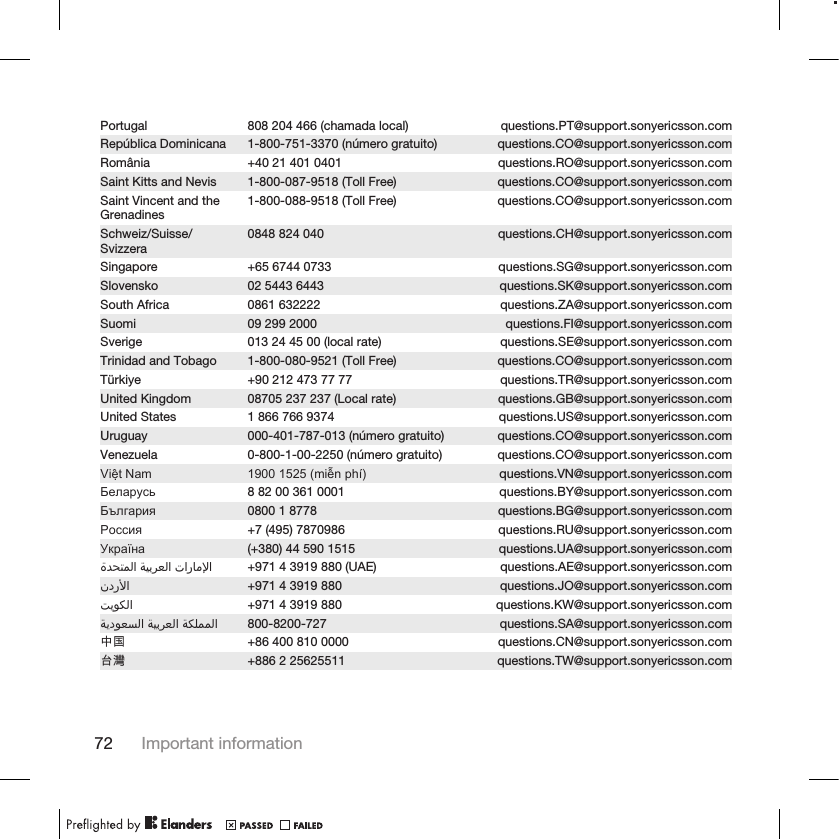 Portugal 808 204 466 (chamada local) questions.PT@support.sonyericsson.comRepública Dominicana 1-800-751-3370 (número gratuito) questions.CO@support.sonyericsson.comRomânia +40 21 401 0401 questions.RO@support.sonyericsson.comSaint Kitts and Nevis 1-800-087-9518 (Toll Free) questions.CO@support.sonyericsson.comSaint Vincent and theGrenadines 1-800-088-9518 (Toll Free) questions.CO@support.sonyericsson.comSchweiz/Suisse/Svizzera 0848 824 040 questions.CH@support.sonyericsson.comSingapore +65 6744 0733 questions.SG@support.sonyericsson.comSlovensko 02 5443 6443 questions.SK@support.sonyericsson.comSouth Africa 0861 632222 questions.ZA@support.sonyericsson.comSuomi 09 299 2000 questions.FI@support.sonyericsson.comSverige 013 24 45 00 (local rate) questions.SE@support.sonyericsson.comTrinidad and Tobago 1-800-080-9521 (Toll Free) questions.CO@support.sonyericsson.comTürkiye +90 212 473 77 77 questions.TR@support.sonyericsson.comUnited Kingdom 08705 237 237 (Local rate) questions.GB@support.sonyericsson.comUnited States 1 866 766 9374 questions.US@support.sonyericsson.comUruguay 000-401-787-013 (número gratuito) questions.CO@support.sonyericsson.comVenezuela 0-800-1-00-2250 (número gratuito) questions.CO@support.sonyericsson.comViệt Nam 1900 1525 (miễn phí) questions.VN@support.sonyericsson.comБеларусь 8 82 00 361 0001 questions.BY@support.sonyericsson.comБългария 0800 1 8778 questions.BG@support.sonyericsson.comРоссия +7 (495) 7870986 questions.RU@support.sonyericsson.comУкраїна (+380) 44 590 1515 questions.UA@support.sonyericsson.com󰁯󰃄󰃚 󰁵󰃕󰁲󰂏󰂭󰃀 󰂋󰂅󰁹󰃅󰃀 +971 4 3919 880 (UAE) questions.AE@support.sonyericsson.com󰃘 +971 4 3919 880 questions.JO@support.sonyericsson.com󰁷󰃔󰃏󰂽󰃀 +971 4 3919 880 questions.KW@support.sonyericsson.com󰁵󰂽󰃁󰃅󰃅󰃀 󰁵󰃕󰁲󰂏󰂭󰃀 󰁵󰃔󰃏󰂭󰂕󰃀 800-8200-727 questions.SA@support.sonyericsson.com中国 +86 400 810 0000 questions.CN@support.sonyericsson.com台灣 +886 2 25625511 questions.TW@support.sonyericsson.com72 Important information