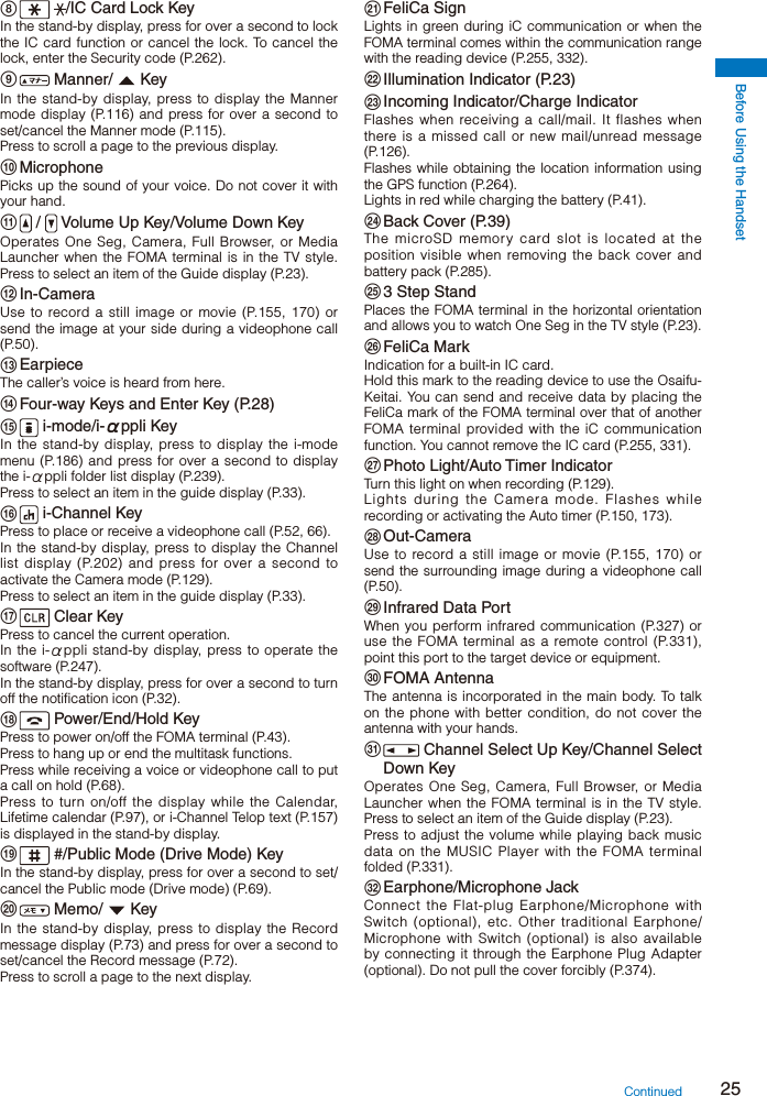 Before Using the Handset25   /IC Card Lock KeyIn the stand-by display, press for over a second to lock the IC card function or cancel the lock. To cancel the lock, enter the Security code (P.262).  Manner/   KeyIn the stand-by display, press to display the Manner mode display (P.116) and press for over a second to set/cancel the Manner mode (P.115).Press to scroll a page to the previous display. MicrophonePicks up the sound of your voice. Do not cover it with your hand.  /   Volume Up Key/Volume Down KeyOperates One Seg, Camera, Full Browser, or Media Launcher when the FOMA terminal is in the TV style. Press to select an item of the Guide display (P.23). In-CameraUse to record a still image or movie (P.155, 170) or send the image at your side during a videophone call (P.50). EarpieceThe caller’s voice is heard from here. Four-way Keys and Enter Key (P.28)  i-mode/i-αppli KeyIn the stand-by display, press to display the i-mode menu (P.186) and press for over a second to display the i-αppli folder list display (P.239).Press to select an item in the guide display (P.33).  i-Channel KeyPress to place or receive a videophone call (P.52, 66).In the stand-by display, press to display the Channel list display (P.202) and press for over a second to activate the Camera mode (P.129).Press to select an item in the guide display (P.33).  Clear KeyPress to cancel the current operation.In the i-αppli stand-by display, press to operate the software (P.247).In the stand-by display, press for over a second to turn off the notification icon (P.32).  Power/End/Hold KeyPress to power on/off the FOMA terminal (P.43).Press to hang up or end the multitask functions.Press while receiving a voice or videophone call to put a call on hold (P.68).Press to turn on/off the display while the Calendar, Lifetime calendar (P.97), or i-Channel Telop text (P.157) is displayed in the stand-by display.  #/Public Mode (Drive Mode) KeyIn the stand-by display, press for over a second to set/cancel the Public mode (Drive mode) (P.69).  Memo/   KeyIn the stand-by display, press to display the Record message display (P.73) and press for over a second to set/cancel the Record message (P.72).Press to scroll a page to the next display. FeliCa  SignLights in green during iC communication or when the FOMA terminal comes within the communication range with the reading device (P.255, 332). Illumination Indicator (P.23) Incoming Indicator/Charge IndicatorFlashes when receiving a call/mail. It flashes when there is a missed call or new mail/unread message (P.126).Flashes while obtaining the location information using the GPS function (P.264).Lights in red while charging the battery (P.41). Back  Cover  (P.39)The microSD memory card slot is located at the position visible when removing the back cover and battery pack (P.285). 3 Step StandPlaces the FOMA terminal in the horizontal orientation and allows you to watch One Seg in the TV style (P.23). FeliCa  MarkIndication for a built-in IC card.Hold this mark to the reading device to use the Osaifu-Keitai. You can send and receive data by placing the FeliCa mark of the FOMA terminal over that of another FOMA terminal provided with the iC communication function. You cannot remove the IC card (P.255, 331). Photo Light/Auto Timer IndicatorTurn this light on when recording (P.129).Lights during the Camera mode. Flashes while recording or activating the Auto timer (P.150, 173). Out-CameraUse to record a still image or movie (P.155, 170) or send the surrounding image during a videophone call (P.50). Infrared Data PortWhen you perform infrared communication (P.327) or use the FOMA terminal as a remote control (P.331), point this port to the target device or equipment. FOMA  AntennaThe antenna is incorporated in the main body. To talk on the phone with better condition, do not cover the antenna with your hands.  Channel Select Up Key/Channel Select Down KeyOperates One Seg, Camera, Full Browser, or Media Launcher when the FOMA terminal is in the TV style. Press to select an item of the Guide display (P.23).Press to adjust the volume while playing back music data on the MUSIC Player with the FOMA terminal folded (P.331). Earphone/Microphone  JackConnect the Flat-plug Earphone/Microphone with Switch (optional), etc. Other traditional Earphone/Microphone with Switch (optional) is also available by connecting it through the Earphone Plug Adapter (optional). Do not pull the cover forcibly (P.374).Continued