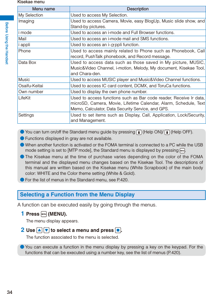 Before Using the Handset34Kisekae menuMenu name DescriptionMy Selection Used to access My Selection.Imaging Used to access Camera, Movie, easy BlogUp, Music slide show, and Stand-by pictures.i mode Used to access an i-mode and Full Browser functions.Mail Used to access an i-mode mail and SMS functions.i appli Used to access an i-αppli function.Phone Used to access mainly related to Phone such as Phonebook, Call record, PushTalk phonebook, and Record message.Data Box Used to access data such as those saved in My picture, MUSIC, Music&amp;Video Channel, i-motion, Melody, My document, Kisekae Tool, and Chara-den.Music Used to access MUSIC player and Music&amp;Video Channel functions.Osaifu-Keitai Used to access IC card content, DCMX, and ToruCa functions.Own number Used to display the own phone number.LifeKit Used to access functions such as Bar code reader, Receive Ir data, microSD, Camera, Movie, Lifetime Calendar, Alarm, Schedule, Text Memo, Calculator, Data Security Service, and GPS.Settings Used to set items such as Display, Call, Application, Lock/Security, and Management. ● You can turn on/off the Standard menu guide by pressing   (Help ON)/   (Help OFF).● Functions displayed in gray are not available.● When another function is activated or the FOMA terminal is connected to a PC while the USB mode setting is set to [MTP mode], the Standard menu is displayed by pressing  .● The Kisekae menu at the time of purchase varies depending on the color of the FOMA terminal and the displayed menu changes based on the Kisekae Tool. The descriptions of this manual are written based on the Kisekae menu (White Scrapbook) of the main body color: WHITE and the Color theme setting (White &amp; Gold).● For the list of menus in the Standard menu, see P.420.Selecting a Function from the Menu DisplayA function can be executed easily by going through the menus. 1 Press   (MENU).The menu display appears. 2 Use     to select a menu and press  .The function associated to the menu is selected.● You can execute a function in the menu display by pressing a key on the keypad. For the functions that can be executed using a number key, see the list of menus (P.420).