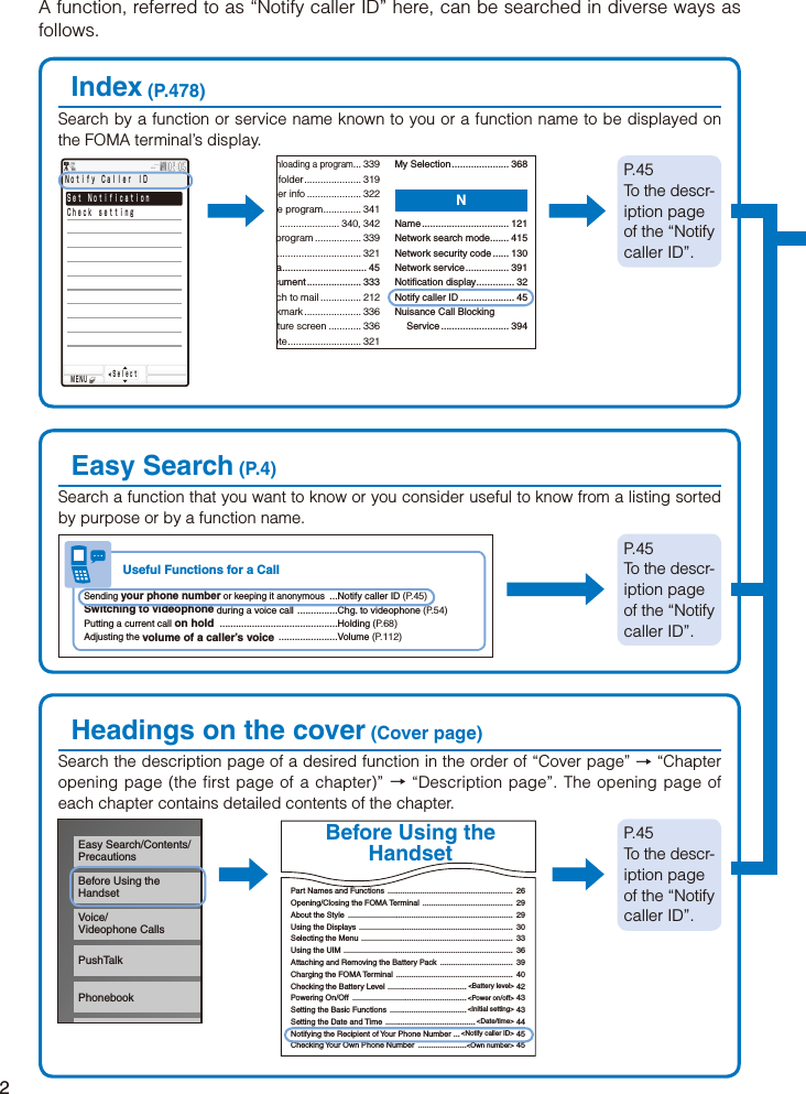 2A function, referred to as “Notify caller ID” here, can be searched in diverse ways as follows.Index (P.478)Search by a function or service name known to you or a function name to be displayed on the FOMA terminal’s display.ＭＥＮＵ Ｎｏｔｉｆｙ Ｃａｌｌｅｒ ＩＤＳｅｌｅｃｔＳｅｔ ＮｏｔｉｆｉｃａｔｉｏｎＣｈｅｃｋ ｓｅｔｔｉｎｇ  nloading a program ... 339folder ..................... 319der info .................... 322ve program .............. 341y ...................... 340, 342program ................. 339 ............................... 321a ............................... 45cument .................... 333ch to mail ............... 212kmark ..................... 336pture screen ............ 336ete ........................... 321My Selection ..................... 368NName ................................ 121Network search mode ....... 415Network security code ...... 130Network service ................ 391Notification display .............. 32Notify caller ID .................... 45Nuisance Call Blocking Service ......................... 394  P.45To the descr-iption page of the “Notify caller ID”.   Easy Search (P.4)Search a function that you want to know or you consider useful to know from a listing sorted by purpose or by a function name.Useful Functions for a CallSending your phone number or keeping it anonymous  ...Notify caller ID (P.45)Switching to videophone during a voice call  ...............Chg. to videophone (P.54)Putting a current call on hold  ............................................Holding (P.68)Adjusting the volume of a caller’s voice  ......................Volume  (P.112)  P.45To the descr-iption page of the “Notify caller ID”. Headings on the cover (Cover page)Search the description page of a desired function in the order of “Cover page” → “Chapter opening page (the first page of a chapter)” → “Description page”. The opening page of each chapter contains detailed contents of the chapter.Easy Search/Contents/PrecautionsBefore Using theHandsetVoice/Videophone CallsPushTalkPhonebook  Before Using the HandsetPart Names and Functions ................................Opening/Closing the FOMA Terminal ................About the Style ..................................................Using the Displays .............................................Selecting the Menu ............................................Using the UIM ....................................................Attaching and Removing the Battery Pack ........Charging the FOMA Terminal ............................Checking the Battery Level ................................Powering On/Off ................................................Setting the Basic Functions ...............................Setting the Date and Time .................................Notifying the Recipient of Your Phone Number ..Checking Your Own Phone Number ...........................................  26.........................  29.........................  29.........................  30.........................  33.........................  36.........................  39.........................  40.... &lt;Battery level&gt; 42.... &lt;Power on/off&gt; 43.... &lt;Initial setting&gt; 43........ &lt;Date/time&gt; 44.&lt;Notify caller ID&gt; 45....&lt;Own number&gt; 45  P.45To the descr-iption page of the “Notify caller ID”.   