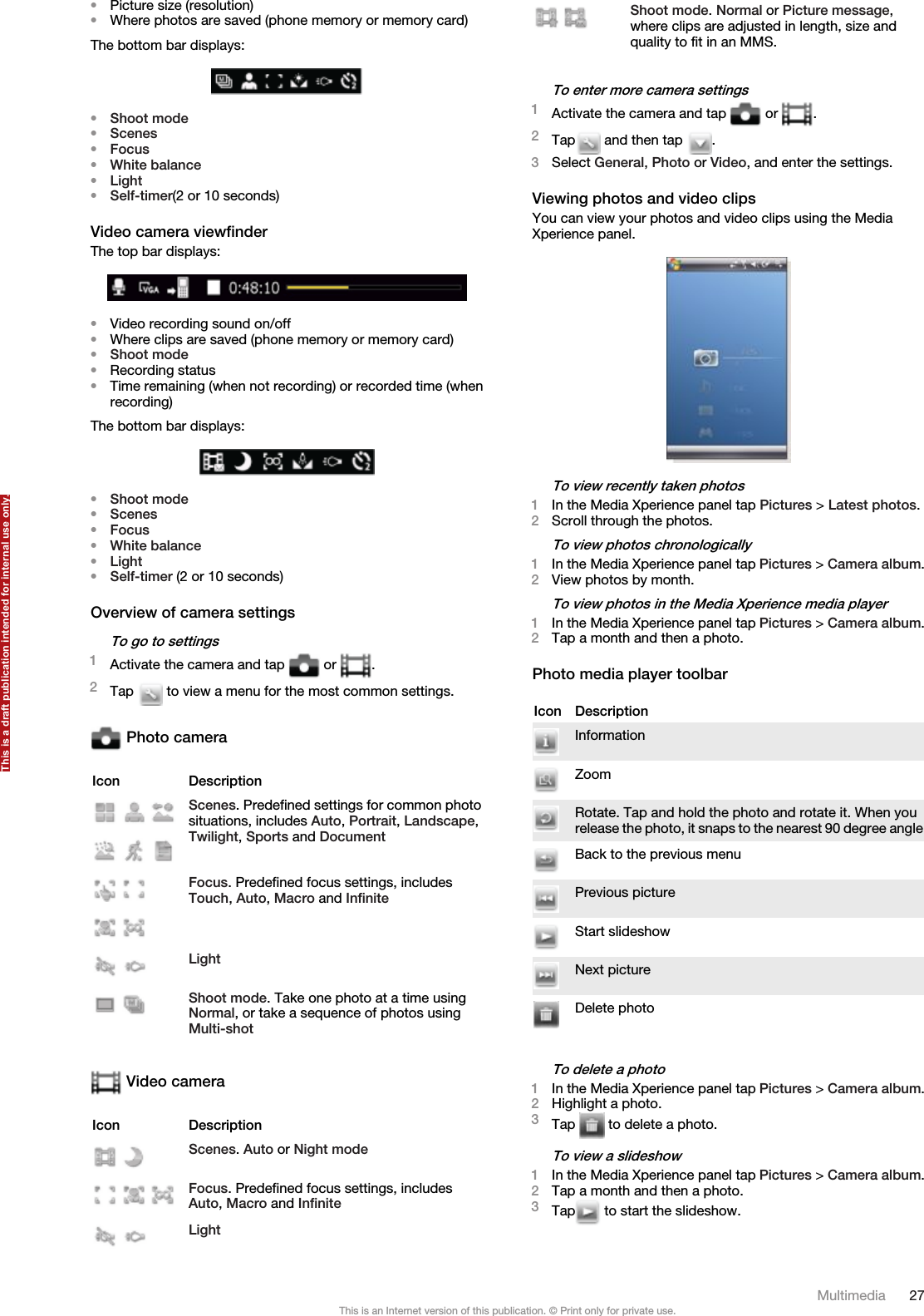 •Picture size (resolution)•Where photos are saved (phone memory or memory card)The bottom bar displays:•Shoot mode•Scenes•Focus•White balance•Light•Self-timer(2 or 10 seconds)Video camera viewfinderThe top bar displays:•Video recording sound on/off•Where clips are saved (phone memory or memory card)•Shoot mode•Recording status•Time remaining (when not recording) or recorded time (whenrecording)The bottom bar displays:•Shoot mode•Scenes•Focus•White balance•Light•Self-timer (2 or 10 seconds)Overview of camera settingsTo go to settings1Activate the camera and tap   or  .2Tap   to view a menu for the most common settings. Photo cameraIcon Description    Scenes. Predefined settings for common photosituations, includes Auto, Portrait, Landscape,Twilight, Sports and Document    Focus. Predefined focus settings, includesTouch, Auto, Macro and Infinite  Light Shoot mode. Take one photo at a time usingNormal, or take a sequence of photos usingMulti-shot Video cameraIcon Description Scenes. Auto or Night mode    Focus. Predefined focus settings, includesAuto, Macro and Infinite Light Shoot mode. Normal or Picture message,where clips are adjusted in length, size andquality to fit in an MMS.To enter more camera settings1Activate the camera and tap   or  .2Tap  and then tap  .3Select General, Photo or Video, and enter the settings.Viewing photos and video clipsYou can view your photos and video clips using the MediaXperience panel.To view recently taken photos1In the Media Xperience panel tap Pictures &gt; Latest photos.2Scroll through the photos.To view photos chronologically1In the Media Xperience panel tap Pictures &gt; Camera album.2View photos by month.To view photos in the Media Xperience media player1In the Media Xperience panel tap Pictures &gt; Camera album.2Tap a month and then a photo.Photo media player toolbarIcon DescriptionInformationZoomRotate. Tap and hold the photo and rotate it. When yourelease the photo, it snaps to the nearest 90 degree angleBack to the previous menuPrevious pictureStart slideshowNext pictureDelete photoTo delete a photo1In the Media Xperience panel tap Pictures &gt; Camera album.2Highlight a photo.3Tap   to delete a photo.To view a slideshow1In the Media Xperience panel tap Pictures &gt; Camera album.2Tap a month and then a photo.3Tap  to start the slideshow.Multimedia 27This is an Internet version of this publication. © Print only for private use.This is a draft publication intended for internal use only.