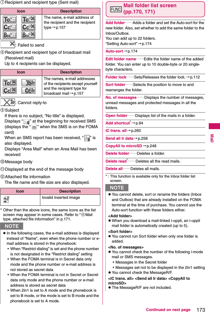 173Continued on next pageMail⑦Recipient and recipient type (Sent mail): Failed to send⑧Recipient and recipient type of broadcast mail (Received mail)Up to 4 recipients can be displayed. : Cannot reply-to⑨SubjectIf there is no subject, “No title” is displayed. Displays “ ” at the beginning for received SMS (displays the “ ” when the SMS is on the FOMA card)When an SMS report has been received, “ ” is also displayed. Displays “Area Mail” when an Area Mail has been received⑩Message body⑪Displayed at the end of the message body⑫Attached file informationThe file name and file size are also displayed. * Other than the above icons, the same icons as the list screen may appear in some cases. Refer to “④Mail type, attached file information” in p.171.Mail folder list screen (pp.170, 171)Add folder……Adds a folder and set the Auto-sort for the new folder. Also, set whether to add the same folder to the Inbox/Outbox. You can add up to 22 folders. “Setting Auto-sort”→p.174Auto-sort→p.174Edit folder name……Edits the folder name of the added folder. You can enter up to 10 double-byte or 20 single-byte characters. Folder lock……Sets/Releases the folder lock.→p.112Sort folder……Selects the position to move to and rearranges the folder. No. of messages……Displays the number of messages, unread messages and protected messages in all the folders. Open folder……Displays list of the mails in a folder. Add shortcut*→p.94iC trans. all→p.260Send all Ir data→p.258CopyAll to microSD →p.248Delete folder……Deletes a folder. Delete read*……Deletes all the read mails. Delete all……Deletes all mails. * : This function is available only for the Inbox folder list screen. Icon Description   The name, e-mail address of the recipient and the recipient type→p.157Icon Description  The names, e-mail addresses of the recipients except yourself and the recipient type for broadcast mail→p.157Icon DescriptionInvalid inserted imageNzIn the following cases, the e-mail address is displayed instead of “Name”, even when the phone number or e-mail address is stored in the phonebook: • When “Restrict dialing” is set and the phone number is not designated in the “Restrict dialing” setting• When the FOMA terminal is in Secret data only mode and the phone number or e-mail address is not stored as secret data• When the FOMA terminal is not in Secret or Secret data only mode and the phone number or e-mail address is stored as secret data• When 2in1 is set to A mode and the phonebook is set to B mode, or the mode is set to B mode and the phonebook is set to A mode. NzYou cannot delete, sort or rename the folders (Inbox and Outbox) that are already installed on the FOMA terminal at the time of purchase. You cannot use the Auto-sort function with these folders either. &lt;Add folder&gt;zWhen you download a mail-linked i-αppli, an i-αppli mail folder is automatically created (up to 5). &lt;Sort folder&gt;zYou cannot run Sort folder when only one folder is added. &lt;No. of messages&gt;zYou cannot check the number of the following i-mode mail or SMS messages. • Messages in the Secret folder• Messages set not to be displayed in the 2in1 settingzYou cannot check the MessageR/F. &lt;iC trans. all&gt; &lt;Send all Ir data&gt; &lt;CopyAll to microSD&gt;zThe MessageR/F are not included. 