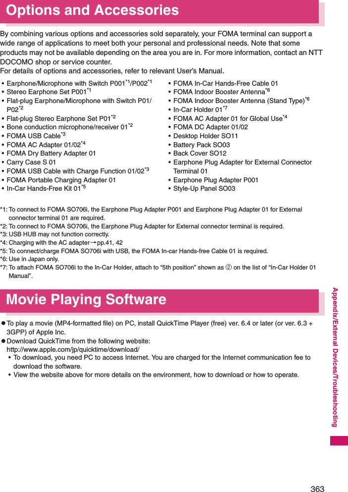 363Appendix/External Devices/TroubleshootingOptions and AccessoriesBy combining various options and accessories sold separately, your FOMA terminal can support a wide range of applications to meet both your personal and professional needs. Note that some products may not be available depending on the area you are in. For more information, contact an NTT DOCOMO shop or service counter. For details of options and accessories, refer to relevant User’s Manual. • Earphone/Microphone with Switch P001*1/P002*1• Stereo Earphone Set P001*1• Flat-plug Earphone/Microphone with Switch P01/P02*2• Flat-plug Stereo Earphone Set P01*2• Bone conduction microphone/receiver 01*2• FOMA USB Cable*3• FOMA AC Adapter 01/02*4• FOMA Dry Battery Adapter 01• Carry Case S 01• FOMA USB Cable with Charge Function 01/02*3• FOMA Portable Charging Adapter 01• In-Car Hands-Free Kit 01*5• FOMA In-Car Hands-Free Cable 01• FOMA Indoor Booster Antenna*6• FOMA Indoor Booster Antenna (Stand Type)*6• In-Car Holder 01*7• FOMA AC Adapter 01 for Global Use*4• FOMA DC Adapter 01/02• Desktop Holder SO11• Battery Pack SO03• Back Cover SO12• Earphone Plug Adapter for External Connector Terminal 01• Earphone Plug Adapter P001• Style-Up Panel SO03*1: To connect to FOMA SO706i, the Earphone Plug Adapter P001 and Earphone Plug Adapter 01 for External connector terminal 01 are required. *2: To connect to FOMA SO706i, the Earphone Plug Adapter for External connector terminal is required. *3: USB HUB may not function correctly. *4: Charging with the AC adapter→pp.41, 42*5: To connect/charge FOMA SO706i with USB, the FOMA In-car Hands-free Cable 01 is required. *6: Use in Japan only. *7: To attach FOMA SO706i to the In-Car Holder, attach to “5th position” shown as ② on the list of “In-Car Holder 01 Manual”. Movie Playing SoftwarezTo play a movie (MP4-formatted file) on PC, install QuickTime Player (free) ver. 6.4 or later (or ver. 6.3 + 3GPP) of Apple Inc. zDownload QuickTime from the following website: http://www.apple.com/jp/quicktime/download/• To download, you need PC to access Internet. You are charged for the Internet communication fee to download the software. • View the website above for more details on the environment, how to download or how to operate. 