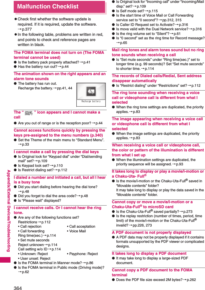 364Appendix/External Devices/TroubleshootingMalfunction ChecklistzCheck first whether the software update is required. If it is required, update the software.→p.377zIn the following table, problems are written in red, and points to check and reference pages are written in black. The FOMA terminal does not turn on (The FOMA terminal cannot be used)●Is the battery pack properly attached?→p.41●Has the battery run out? →p.44The animation shown on the right appears and an alarm tone sounds●The battery has run out. Recharge the battery.→pp.41, 44The “ ” icon appears and I cannot make a call●Are you out of range or is the reception poor?→p.44Cannot access functions quickly by pressing the keys pre-assigned to the menu numbers (p.340)●Set the Theme of the main menu to “Standard Menu”.→p.33I cannot make a call by pressing the dial keys●Is Original lock for “Keypad dial” under “Dial/sending mail” set?→p.109●Is Keypad lock set? →p.110●Is Restrict dialing set?→p.112I dialed a number and initiated a call, but all I hear is a busy tone●Did you start dialing before hearing the dial tone?→p.48●Did you forget to dial the area code?→p.48●Is “Please wait” displayed?I cannot receive calls. Or I cannot hear the ring tone. ●Are any of the following functions set?Restrictions→p.112• Call rejection • Call acceptation• Call forwarding • Voice MailRing time(sec.)→p.114• Set mute secondsReject unknown→p.114Call setting w/o ID→p.114• Unknown: Reject • Payphone: Reject• User unset: Reject●Is the FOMA terminal in Manner mode?→p.86●Is the FOMA terminal in Public mode (Driving mode)?→p.62●Is Original lock for “Incoming call” under “Incoming/Mail disp.” set?→p.109●Is Self mode set? →p.115●Is the start time of Voice Mail or Call Forwarding service set to “0 second”?→pp.312, 315●Is Caller ID Request set to Activate?→p.316●Is mova valid with the Dual Network service?→p.316●Is the ring volume set to “Silent”?→p.61●Is “0 second” set as the ring time for Record message?→p.65Mail ring tones and alarm tones sound but no ring tone sounds when receiving a call●Is “Set mute seconds” under “Ring time(sec.)” set to longer time (e.g. 99 seconds)? Set “Set mute seconds” to shorter time.→p.114The records of Dialed calls/Redial, Sent address disappear automatically●Is “Restrict dialing” under “Restrictions” set?→p.112The ring tone sounding when receiving a voice call or videophone call is different from what I selected●When the ring tone settings are duplicated, the priority applies.→p.83The image appearing when receiving a voice call or videophone call is different from what I selected●When the image settings are duplicated, the priority applies.→p.83When receiving a voice call or videophone call, the color or pattern of the illumination is different from what I set up●When the illumination settings are duplicated, the priority sequence will be assigned.→p.93It takes long to display or play a movie/i-motion or a Chaku-Uta- Full®●Is the movie/i-motion or the Chaku-Uta-Full® saved in “Movable contents” folder? It may take long to display or play the data saved in the “Movable contents” folder. Cannot copy or move a movie/i-motion or a Chaku-Uta-Full® to microSD card●Is the Chaku-Uta-Full® saved partially?→p.273●Is the replay restriction (number of times, period, time limit) of the movie/i-motion or the Chaku-Uta-Full® invalid?→pp.226, 273A PDF document is not properly displayed●A PDF data may not be properly displayed if it contains formats unsupported by the PDF viewer or complicated designs.It takes long to display a PDF document●It may take long to display a large-sized PDF document.Cannot copy a PDF document to the FOMA terminal●Does the PDF file size exceed 2M bytes?→p.262Ｒｅｃｈａｒｇｅ ｂａｔｔｅｒｙ