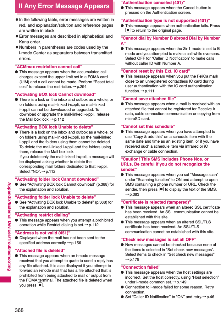 368Appendix/External Devices/TroubleshootingIf Any Error Message AppearszIn the following table, error messages are written in red, and explanation/solution and reference pages are written in black. zError messages are described in alphabetical and Kana order. zNumbers in parentheses are codes used by the i-mode Center as separators between transmitted errors. “ACMmax restriction cannot call”●This message appears when the accumulated call charges exceed the upper limit set in a FOMA card (UIM) and a call cannot be made. Perform “Reset total cost” to release the restriction.→p.294“Activating BOX lock Cannot download”●There is a lock on the inbox and outbox as a whole, or on folders using mail-linked i-αppli, so mail-linked i-αppli cannot be downloaded or upgraded. To download or upgrade the mail-linked i-αppli, release the Mail box lock.→p.112“Activating BOX lock Unable to delete”●There is a lock on the inbox and outbox as a whole, or on folders using mail-linked i-αppli, so the mail-linked i-αppli and the folders using them cannot be deleted. To delete the mail-linked i-αppli and the folders using them, release the Mail box lock. If you delete only the mail-linked i-αppli, a message will be displayed asking whether to delete the corresponding mail folders dedicated to that i-αppli. Select “NO”.→p.112“Activating folder lock Cannot download”●See “Activating BOX lock Cannot download” (p.368) for the explanation and solution. “Activating folder lock Unable to delete”●See “Activating BOX lock Unable to delete” (p.368) for the explanation and solution. “Activating restrict dialing”●This message appears when you attempt a prohibited operation while Restrict dialing is set.→p.112“Address is not valid (451)”●Displayed when the mail has not been sent to the specified address correctly.→p.156“Attached file is deleted”●This message appears when an i-mode message received that you attempt to quote to send a reply has any file attached. It is also displayed if you attempt to forward an i-mode mail that has a file attached that is prohibited from being attached to mail or output from the FOMA terminal. The attached file is deleted when you press d.“Authentication canceled (401)”●This message appears when the Cancel button is pressed on the Authentication screen.“Authentication type is not supported (401)”●This message appears when authentication fails. Press d to return to the original page.“Cannot dial by Number B abroad Dial by Number A”●This message appears when the 2in1 mode is set to B mode and you attempted to make a call while overseas. Select OFF for “Caller ID Notification” to make calls without caller ID with Number A.“Cannot reset by this Ext. IC card”●This message appears when you put the FeliCa mark close to an unregistered contactless IC card during user authentication with the IC card authentication function.→p.111“Cannot save attached file”●This message appears when a mail is received with an attached file that cannot be registered for Receive Ir data, cable connection communication or copying from microSD card. “Cannot set this schedule”●This message appears when you have attempted to use “Copy &amp; add this” on a schedule item with the same date and time as an existing item, or if you have received such a schedule item via infrared or iC exchange or cable connection.“Caution! This SMS includes Phone Nos. or URLs. Be careful if you do not recognize the sender.”●This message appears when you set “Message scan” under “Scanning function” to ON and attempt to open SMS containing a phone number or URL. Check the sender, then press d to display the text of the SMS.→p.383“Certificate is rejected (tampered)”●This message appears when an altered SSL certificate has been received. An SSL communication cannot be established with this site.●This message appears when an altered SSL/TLS certificate has been received. An SSL/TLS communication cannot be established with this site.“Check new messages is set all OFF”●New messages cannot be checked because none of the items is selected in “Set check new messages”.Select items to check in “Set check new messages”.→p.179“Connection failed”●This message appears when the host settings are incorrect. Set the host correctly, using “Host selection” under i-mode common set. →p.149●Connection to i-mode failed for some reason. Retry connection.●Set “Caller ID Notification” to “ON” and retry.→p.46