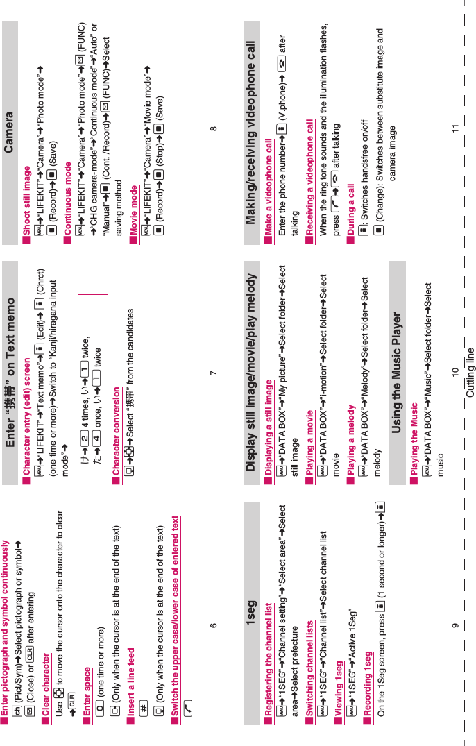 Cutting line■Enter pictograph and symbol continuouslyp (Pict/Sym)➜Select pictograph or symbol➜u (Close) or t after entering■Clear characterUse b to move the cursor onto the character to clear ➜t ■Enter space0 (one time or more)j (Only when the cursor is at the end of the text)■Insert a line feedqg (Only when the cursor is at the end of the text)■Switch the upper case/lower case of entered textrEnter “携帯” on Text memo■Character entry (edit) screeni➜“LIFEKIT”➜“Text memo”➜o (Edit)➜ o (Chrct) (one time or more)➜Switch to “Kanji/hiragana input mode”➜■Character conversiong➜b➜Select “携帯” from the candidatesけ➜2 4 times, い➜1 twice, た➜4 once, い➜1 twiceCamera■Shoot still imagei➜“LIFEKIT”➜“Camera”➜“Photo mode”➜d (Record)➜d (Save)■Continuous modei➜“LIFEKIT”➜“Camera”➜“Photo mode”➜u (FUNC)➜“CHG camera-mode”➜“Continuous mode”➜“Auto” or “Manual”➜d (Cont. /Record)➜u (FUNC)➜Select saving method■Movie modei➜“LIFEKIT”➜“Camera”➜“Movie mode”➜d (Record)➜d (Stop)➜d (Save)1seg■Registering the channel listi➜“1SEG”➜“Channel setting”➜“Select area”➜Select area➜Select prefecture■Switching channel listsi➜“1SEG”➜“Channel list”➜Select channel list■Viewing 1segi➜“1SEG”➜“Active 1Seg”■Recording 1segOn the 1Seg screen, press o (1 second or longer)➜oDisplay still image/movie/play melody■Displaying a still imagei➜“DATA BOX”➜“My picture”➜Select folder➜Select still image■Playing a moviei➜“DATA BOX”➜“i-motion”➜Select folder➜Select movie■Playing a melodyi➜“DATA BOX”➜“Melody”➜Select folder➜Select melodyUsing the Music Player■Playing the Musici➜“DATA BOX”➜“Music”➜Select folder➜Select musicMaking/receiving videophone call■Make a videophone callEnter the phone number➜o (V.phone)➜ y after talking■Receiving a videophone callWhen the ring tone sounds and the illumination flashes, press r➜y after talking■During a callo: Switches handsfree on/offd (Change): Switches between substitute image and camera image10 119786