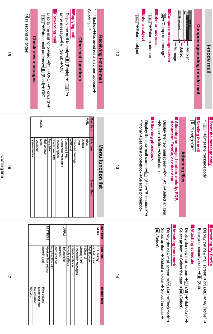 Cutting linei-mode mailComposing/sending i-mode mail■Compose message screenu➜“Compose message”■Enter an address“”➜Enter an address■Enter a subject“”➜Enter a subjectRecipientSubjectMessage■Enter the message body“”➜Enter the message body■Sending the mailo (Send)➜“OK”Attaching files■Attaching an image, i-motion, melody, PDF, document, ToruCa, or other data Display the new mail screen➜p (Att.)➜Select an item ➜Select a folder➜Select data■Attaching phonebookDisplay the new mail screen➜p (Att.)➜“Phonebook”➜“Phone”➜Search a phonebook➜Select a phonebook■Attaching My ProfileDisplay the new mail screen ➜p (Att.)➜“My Profile” ➜ Enter your security code ➜d (Set) ■Attaching scheduleDisplay the new mail screen ➜p (Att.)➜“Schedule” ➜ Select an item ➜ Select the data ➜d (Select) ■Attaching bookmarkDisplay the new mail screen ➜p (Att.)➜“Bookmark”➜ Select an item ➜ Select a folder ➜ Select the data ➜d (Select) Receiving i-mode mail“ ” flashes➜Received results screen appears➜Select “ ”Other mail functions■Replying mailDisplay the mail to reply➜o (Reply) ➜“”➜Enter message➜o (Send) ➜“OK”■Forwarding mailDisplay the mail to forward ➜u (FUNC) ➜“Forward”➜ “”➜Enter a mail address➜o (Send)➜“OK”Check new messagesu (1 second or longer)Menu function listMain item Sub item Branch itemMAIL InboxOutboxDraftCompose messageWEB mailCompose SMSCheck new messagesReceive optionCheck new SMSTemplateMail settingsI-MODE iMenuBookmarkScreen memoMain item Sub item Branch itemI-MODE URL historyGo to locationFull Browseri-Channel Message R/FCheck new messagesClient certificatei-mode settingsI-APPLI Software list microSDAuto-start seti-αppli action infoSETTINGS Kisekae Tool settingIncoming call Ring volumeSelect ring toneSound effectVibrator16 171513 1412