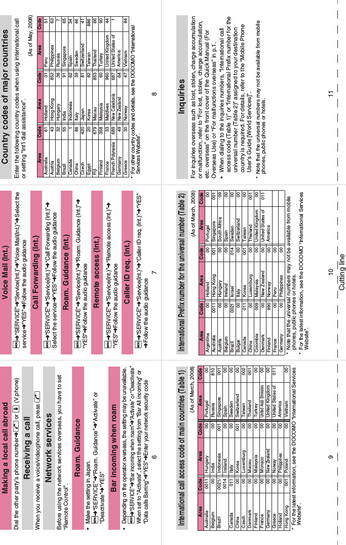 Cutting lineMaking a local call abroadDial the other party’s phone number➜r or o (V.phone)Receiving a callWhen you receive a voice/videophone call, press rNetwork servicesBefore using the network services overseas, you have to set “Remote Control”.Roam. Guidance• Make the setting in Japan. i➜“SERVICE”➜“Roam. Guidance”➜“Activate” or “Deactivate”➜“YES”Bar incoming when roam• Depending on the operator overseas, the setting may be unavailable. i➜“SERVICE”➜“Bar incoming when roam”➜“Activate” or “Deactivate”When set to “Activate”, select the setting from “Bar All incoming” or “Data calls Barring”➜“YES”➜Enter your network security codeVoice Mail (Int.)i➜“SERVICE”➜“Service(Int.)”➜“Voice Mail(Int.)”➜Select the service➜“YES”➜Follow the audio guidanceCall Forwarding (Int.)i➜“SERVICE”➜“Service(Int.)”➜“Call Forwarding (Int.)”➜Select the service➜“YES”➜Follow the audio guidanceRoam. Guidance (Int.)i➜“SERVICE”➜“Service(Int.)”➜“Roam. Guidance (Int.)”➜“YES”➜Follow the audio guidanceRemote access (Int.)i➜“SERVICE”➜“Service(Int.)”➜“Remote access (Int.)”➜“YES”➜Follow the audio guidanceCaller ID req. (Int.)i➜“SERVICE”➜“Service(Int.)”➜“Caller ID req. (Int.)”➜“YES”➜Follow the audio guidanceCountry codes of major countriesEnter the following country codes when using international call or setting “Int’l dial assistance”. (As of May, 2008)* For other country codes and details, see the DOCOMO “International Services Website”. AreaCodeAreaCodeAreaCodeAustralia 61 Holland 31 Peru 51Austria 43 Hong Kong 852 Philippines 63Belgium 32 Hungary 36 Russia 7Brazil 55 India 91 Singapore 65Canada 1 Indonesia 62 Spain 34China 86 Italy 39 Sweden 46Czech 420 Japan 81 Switzerland 41Egypt 20 Korea 82 Taiwan 886Fiji 679 Macau 853 Thailand 66Finland 358 Malaysia 60 Turkey 90France33 Maldives 960 United Kingdom 44French Polynesia689New Caledonia687 United States of America1Germany 49New Zealand64Greece 30 Norway 47 Vietnam 84International call access code of main countries (Table 1)(As of March, 2008)* For the latest information, see the DOCOMO “International Services Website”. Area Code Area Code Area CodeAustralia 0011 Hungary 00 Portugal 00Belgium 00 India 00 Russia 810Brazil 0021/0014Indonesia 001 Singapore 001Ireland 00 Spain 00Canada 011 Italy 00 Sweden 00China 00 Korea 001 Switzerland 00Czech 00 Luxemburg 00 Taiwan 002Denmark 00 Macau 00 Thailand 001Finland 00 Malaysia 00 Turkey 00France 00 Monaco 00United Arab Emirates00Germany 00New Zealand00 United Kingdom 00Greece 00Norway00 United States of America011Holland 00Philippines00Hong Kong 001 Poland 00 Vietnam 00International Prefix number for the universal number (Table 2)(As of March, 2008)* Note that the universal numbers may not be available from mobile phones, public phones or hotels. * For the latest information, see the DOCOMO “International Services Website”. Area Code Area Code Area CodeArgentina 00 Holland 00 Portugal 00Australia 0011 Hong Kong 001 Singapore 001Austria 00 Hungary 00 South Africa 09Belgium 00 Ireland 00 Spain 00Brazil 0021 Israel 014 Sweden 00Bulgar 00 Italy 00 Switzerland 00Canada 011 Korea 001 Taiwan 00China 00 Luxemburg 00 Thailand 001Colombia 009 Malaysia 00 United Kingdom 00Denmark 00 New Zealand 00 United States of America011Finland 990 Norway 00France 00 Peru 00Germany 00 Philippines 00InquiriesFor inquiries overseas such as lost, stolen, charge accumulation or malfunction, refer to “For lost, stolen, charge accumulation, etc. overseas” on the front cover of the Quick Manual (For Overseas Use) or “For malfunctions overseas” in p.1. • When dialing to the inquiries numbers, “International call access code (Table 1)” or “International Prefix number for the universal number (Table 2)” assigned to your destination country is required. For details, refer to the “Mobile Phone User’s Guide [World Services]”. * Note that the universal numbers may not be available from mobile phones, public phones or hotels. 10 119786