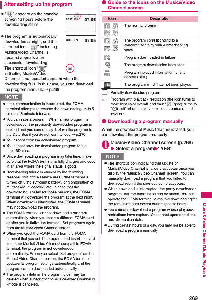 269Music&amp;Video Channel/Music PlaybackAfter setting up the programz“ ” appears on the standby screen 12 hours before the downloading starts. zThe program is automatically downloaded at night, and the shortcut icon “ ” indicating Music&amp;Video Channel is updated appears after successful downloading. The shortcut icon “ ” indicating Music&amp;Video Channel is not updated appears when the downloading fails. In this case, you can download the program manually.→p.269●Guide to the icons on the Music&amp;Video Channel screen: Partially downloaded program:  Program with playback restriction (the icon turns to more light color overall, and then “  (gray)” turns to “ (red)” when the playback count, period or limit expires)●Downloading a program manuallyWhen the download of Music Channel is failed, you can download the program manually. 1Music&amp;Video Channel screen (p.268)  Select a program“YES”NzIf the communication is interrupted, the FOMA terminal attempts to resume the downloading up to 5 times at 3-minute intervals. zYou can save 2 program. When a new program is downloaded, the previously downloaded program is deleted and you cannot play it. Save the program to the Data Box if you do not want to lose. →p.270zYou cannot copy the downloaded program. zYou cannot save the downloaded program to the microSD card. zSince downloading a program may take time, make sure that the FOMA terminal is fully charged and used in an area where the signal status is good. zDownloading failure is caused by the following reasons: “out of the service area”, “the terminal is turned off”, “no sufficient battery”, or “combination of Multitask/Multi access”, etc. In case that the downloading is failed for those reasons, the FOMA terminal will download the program at the next night. When download is interrupted, the FOMA terminal may not download the program. zThe FOMA terminal cannot download a program automatically when you insert a different FOMA card or after you initialize the terminal. Set programs again from the Music&amp;Video Channel screen. zWhen you eject the FOMA card from the FOMA terminal that you set the program, and insert the card into other Music&amp;Video Channel compatible FOMA terminal, the program is not downloaded automatically. When you select “Set program” on the Music&amp;Video Channel screen, the FOMA terminal updates its program settings automatically and the program can be downloaded automatically. zThe program data in the program folder may be deleted when subscription to Music&amp;Video Channel or i-mode is canceled.Icon Description  The normal program  The program corresponding to a synchronized play with a broadcasting waveProgram downloaded in failureThe program downloaded from sitesProgram included information for site access (URL)The program which has not been playedNzThe shortcut icon indicating that update of Music&amp;Video Channel is failed disappears once you display the “Music&amp;Video Channel” screen. You can manually download a program that you failed to download even if the shortcut icon disappears. zWhen download is interrupted, the partly downloaded program until the interruption can be saved. You can operate the FOMA terminal to resume downloading for the remaining data except during specific hours. zYou cannot re-download a program whose playback restrictions have expired. You cannot update until the next distribution date. zDuring certain hours of a day, you may not be able to download a program manually. 