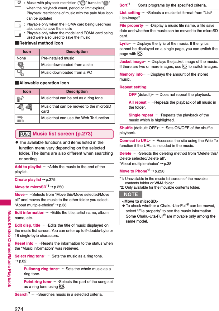 274Music&amp;Video Channel/Music Playback:  Music with playback restriction (“ ” turns to “ ” when the playback count, period or limit expires) Playback restrictions of music with the pale blue icon can be updated:  Playable only when the FOMA card being used was also used to save the music:  Playable only when the model and FOMA card being used were also used to save the music■Retrieval method icon■Allowable operation iconMusic list screen (p.273)zThe available functions and items listed in the function menu vary depending on the selected folder. The items are also different when searching or sorting. Add to playlist……Adds the music to the end of the playlist. Create playlist→p.275Move to microSD*1 →p.250Move……Selects from “Move this/Move selected/Move all” and moves the music to the other folder you select. “About multiple-choice” →p.38Edit information……Edits the title, artist name, album name, etc. Edit disp. title……Edits the title of music displayed on the music list screen. You can enter up to 9 double-byte or 18 single-byte characters. Reset info……Resets the information to the status when the “Music information” was retrieved. Select ring tone……Sets the music as a ring tone.→p.82Fullsong ring tone……Sets the whole music as a ring tone. Point ring tone……Selects the part of the song set as a ring tone using v. Search*1……Searches music in a selected criteria. Sort*1……Sorts programs by the specified criteria. List setting……Selects a music-list format from “List/List+image”. File property……Display a music file name, a file save date and whether the music can be moved to the microSD card. Lyric……Displays the lyric of the music. If the lyrics cannot be displayed on a single page, you can switch the page with v. Jacket image……Displays the jacket image of the music. If there are two or more images, use v to switch images. Memory info……Displays the amount of the stored music. Repeat settingOFF (default)……Does not repeat the playback. All repeat……Repeats the playback of all music in the folder. Single repeat……Repeats the playback of the music which is highlighted. Shuffle (default: OFF)……Sets ON/OFF of the shuffle playback. Connect to URL……Accesses the site using the Web To function if the URL is included in the music. Delete……Selects the deleting method from “Delete this/Delete selected/Delete all”. “About multiple-choice” →p.38Move to Phone*2→p.250*1: Unavailable in the music list screen of the movable contents folder or WMA folder. *2: Only available for the movable contents folder. Icon DescriptionNone Pre-installed musicMusic downloaded from a siteMusic downloaded from a PCIcon DescriptionMusic that can be set as a ring tone  Music that can be moved to the microSD cardMusic that can use the Web To functionN&lt;Move to microSD&gt;zTo check whether a Chaku-Uta-Full® can be moved, select “File property” to see the music information. Some Chaku-Uta-Full® are movable only among the same model. 