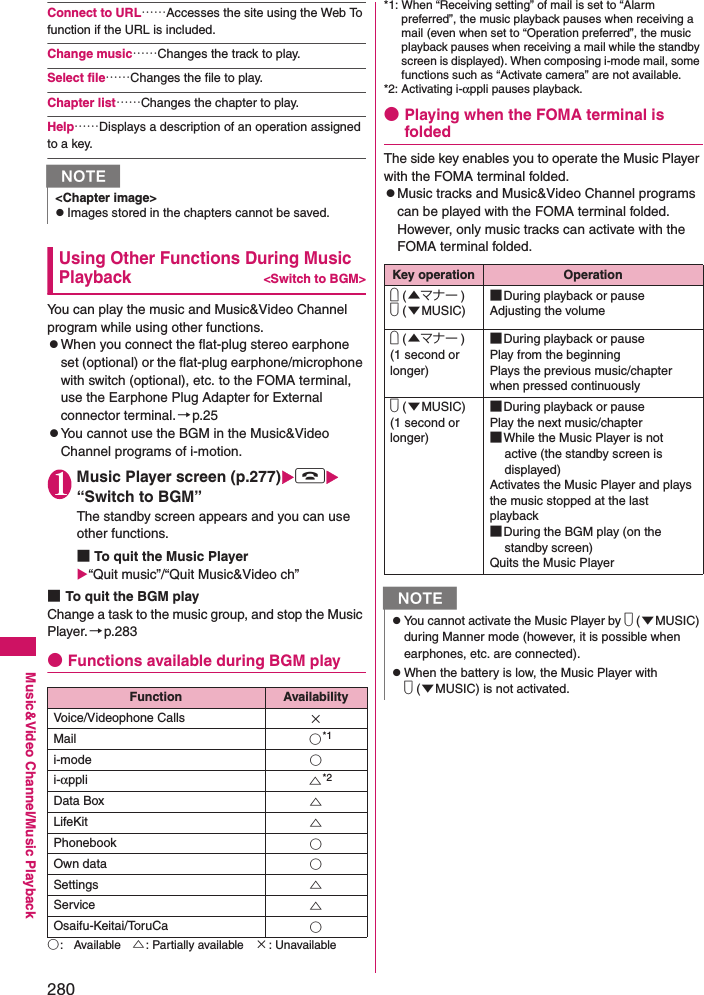 280Music&amp;Video Channel/Music PlaybackConnect to URL……Accesses the site using the Web To function if the URL is included. Change music……Changes the track to play. Select file……Changes the file to play. Chapter list……Changes the chapter to play. Help……Displays a description of an operation assigned to a key. Using Other Functions During Music Playback&lt;Switch to BGM&gt;You can play the music and Music&amp;Video Channel program while using other functions. zWhen you connect the flat-plug stereo earphone set (optional) or the flat-plug earphone/microphone with switch (optional), etc. to the FOMA terminal, use the Earphone Plug Adapter for External connector terminal. →p.25zYou cannot use the BGM in the Music&amp;Video Channel programs of i-motion. 1Music Player screen (p.277)y “Switch to BGM”The standby screen appears and you can use other functions. ■To quit the Music Player“Quit music”/“Quit Music&amp;Video ch”■ To quit the BGM playChange a task to the music group, and stop the Music Player. →p.283●Functions available during BGM play○: Available △: Partially available ×: Unavailable*1: When “Receiving setting” of mail is set to “Alarm preferred”, the music playback pauses when receiving a mail (even when set to “Operation preferred”, the music playback pauses when receiving a mail while the standby screen is displayed). When composing i-mode mail, some functions such as “Activate camera” are not available.*2: Activating i-αppli pauses playback.●Playing when the FOMA terminal is foldedThe side key enables you to operate the Music Player with the FOMA terminal folded.zMusic tracks and Music&amp;Video Channel programs can be played with the FOMA terminal folded. However, only music tracks can activate with the FOMA terminal folded.N&lt;Chapter image&gt;zImages stored in the chapters cannot be saved. Function AvailabilityVoice/Videophone Calls ×Mail ○*1i-mode ○i-αppli △*2Data Box △LifeKit △Phonebook ○Own data ○Settings △Service △Osaifu-Keitai/ToruCa ○Key operation Operationa (▲マナー )s (▼MUSIC)■During playback or pauseAdjusting the volumea (▲マナー ) (1 second or longer)■During playback or pausePlay from the beginningPlays the previous music/chapter when pressed continuously s (▼MUSIC) (1 second or longer)■During playback or pausePlay the next music/chapter■While the Music Player is not active (the standby screen is displayed)Activates the Music Player and plays the music stopped at the last playback■During the BGM play (on the standby screen)Quits the Music PlayerNzYou cannot activate the Music Player by s ( ▼MUSIC) during Manner mode (however, it is possible when earphones, etc. are connected). zWhen the battery is low, the Music Player with s (▼MUSIC) is not activated. 