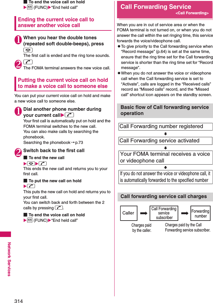 314Network Services■To end the voice call on holdu (FUNC)“End held call”Ending the current voice call to answer another voice call1When you hear the double tones (repeated soft double-beeps), press yThe first call is ended and the ring tone sounds. 2rThe FOMA terminal answers the new voice call. Putting the current voice call on hold to make a voice call to someone elseYou can put your current voice call on hold and make a new voice call to someone else. 1Dial another phone number during your current callrYour first call is automatically put on hold and the FOMA terminal switches to the new call. You can also make calls by searching the phonebook. Searching the phonebook→p.732Switch back to the first call■To end the new callyrThis ends the new call and returns you to your first call. ■To put the new call on holdr This puts the new call on hold and returns you to your first call. You can switch back and forth between the 2 calls by pressing r. ■To end the voice call on holdu (FUNC)“End held call”Call Forwarding Service&lt;Call Forwarding&gt;When you are in out of service area or when the FOMA terminal is not turned on, or when you do not answer the call within the set ringing time, this service forwards the voice/videophone call. zTo give priority to the Call forwarding service when “Record message” (p.64) is set at the same time, ensure that the ring time set for the Call forwarding service is shorter than the ring time set for “Record message”. zWhen you do not answer the voice or videophone call when the Call forwarding service is set to “Activate”, calls are logged in the “Received calls” record as “Missed calls” record, and the “Missed call” shortcut icon appears on the standby screen. Basic flow of Call forwarding service operationCall forwarding service call chargesYour FOMA terminal receives a voice or videophone callIf you do not answer the voice or videophone call, it is automatically forwarded to the specified numberCall Forwarding number registeredCall Forwarding service activatedCallerCall Forwarding service subscriberForwarding numberCharges paid by the caller.Charges paid by the Call Forwarding service subscriber.