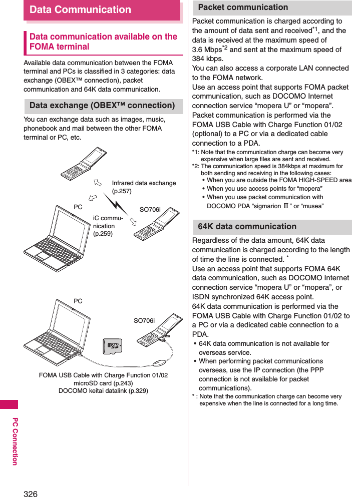 326PC ConnectionData CommunicationData communication available on the FOMA terminalAvailable data communication between the FOMA terminal and PCs is classified in 3 categories: data exchange (OBEX™ connection), packet communication and 64K data communication.Data exchange (OBEX™ connection)You can exchange data such as images, music, phonebook and mail between the other FOMA terminal or PC, etc. Packet communicationPacket communication is charged according to the amount of data sent and received*1, and the data is received at the maximum speed of 3.6 Mbps*2 and sent at the maximum speed of 384 kbps. You can also access a corporate LAN connected to the FOMA network. Use an access point that supports FOMA packet communication, such as DOCOMO Internet connection service “mopera U” or “mopera”. Packet communication is performed via the FOMA USB Cable with Charge Function 01/02 (optional) to a PC or via a dedicated cable connection to a PDA. *1: Note that the communication charge can become very expensive when large files are sent and received. *2: The communication speed is 384kbps at maximum for both sending and receiving in the following cases: • When you are outside the FOMA HIGH-SPEED area• When you use access points for “mopera”• When you use packet communication with DOCOMO PDA “sigmarion Ⅲ” or “musea”64K data communicationRegardless of the data amount, 64K data communication is charged according to the length of time the line is connected. *Use an access point that supports FOMA 64K data communication, such as DOCOMO Internet connection service “mopera U” or “mopera”, or ISDN synchronized 64K access point. 64K data communication is performed via the FOMA USB Cable with Charge Function 01/02 to a PC or via a dedicated cable connection to a PDA.• 64K data communication is not available for overseas service.• When performing packet communications overseas, use the IP connection (the PPP connection is not available for packet communications).* : Note that the communication charge can become very expensive when the line is connected for a long time. PC SO706iPCSO706iInfrared data exchange (p.257)iC commu-nication (p.259)FOMA USB Cable with Charge Function 01/02microSD card (p.243)DOCOMO keitai datalink (p.329)