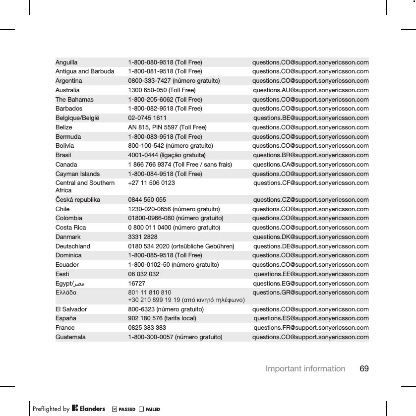 Anguilla 1-800-080-9518 (Toll Free) questions.CO@support.sonyericsson.comAntigua and Barbuda 1-800-081-9518 (Toll Free) questions.CO@support.sonyericsson.comArgentina 0800-333-7427 (número gratuito) questions.CO@support.sonyericsson.comAustralia 1300 650-050 (Toll Free) questions.AU@support.sonyericsson.comThe Bahamas 1-800-205-6062 (Toll Free) questions.CO@support.sonyericsson.comBarbados 1-800-082-9518 (Toll Free) questions.CO@support.sonyericsson.comBelgique/België 02-0745 1611 questions.BE@support.sonyericsson.comBelize AN 815, PIN 5597 (Toll Free) questions.CO@support.sonyericsson.comBermuda 1-800-083-9518 (Toll Free) questions.CO@support.sonyericsson.comBolivia 800-100-542 (número gratuito) questions.CO@support.sonyericsson.comBrasil 4001-0444 (ligação gratuita) questions.BR@support.sonyericsson.comCanada 1 866 766 9374 (Toll Free / sans frais) questions.CA@support.sonyericsson.comCayman Islands 1-800-084-9518 (Toll Free) questions.CO@support.sonyericsson.comCentral and SouthernAfrica +27 11 506 0123 questions.CF@support.sonyericsson.comČeská republika 0844 550 055 questions.CZ@support.sonyericsson.comChile 1230-020-0656 (número gratuito) questions.CO@support.sonyericsson.comColombia 01800-0966-080 (número gratuito) questions.CO@support.sonyericsson.comCosta Rica 0 800 011 0400 (número gratuito) questions.CO@support.sonyericsson.comDanmark 3331 2828 questions.DK@support.sonyericsson.comDeutschland 0180 534 2020 (ortsübliche Gebühren) questions.DE@support.sonyericsson.comDominica 1-800-085-9518 (Toll Free) questions.CO@support.sonyericsson.comEcuador 1-800-0102-50 (número gratuito) questions.CO@support.sonyericsson.comEesti 06 032 032 questions.EE@support.sonyericsson.comEgypt/󰂏󰂝󰃄 16727 questions.EG@support.sonyericsson.comΕλλάδα 801 11 810 810 +30 210 899 19 19 (από κινητό τηλέφωνο)questions.GR@support.sonyericsson.comEl Salvador 800-6323 (número gratuito) questions.CO@support.sonyericsson.comEspaña 902 180 576 (tarifa local) questions.ES@support.sonyericsson.comFrance 0825 383 383 questions.FR@support.sonyericsson.comGuatemala 1-800-300-0057 (número gratuito) questions.CO@support.sonyericsson.comImportant information 69
