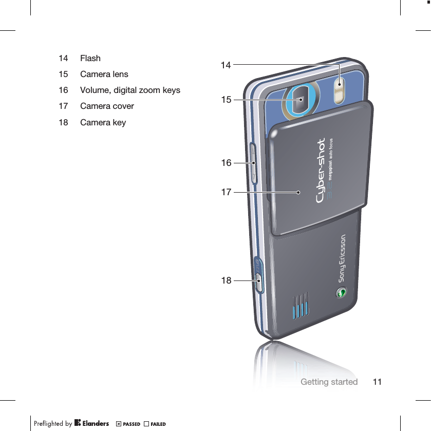 14 Flash151617181415 Camera lens16 Volume, digital zoom keys17 Camera cover18 Camera keyGetting started 11