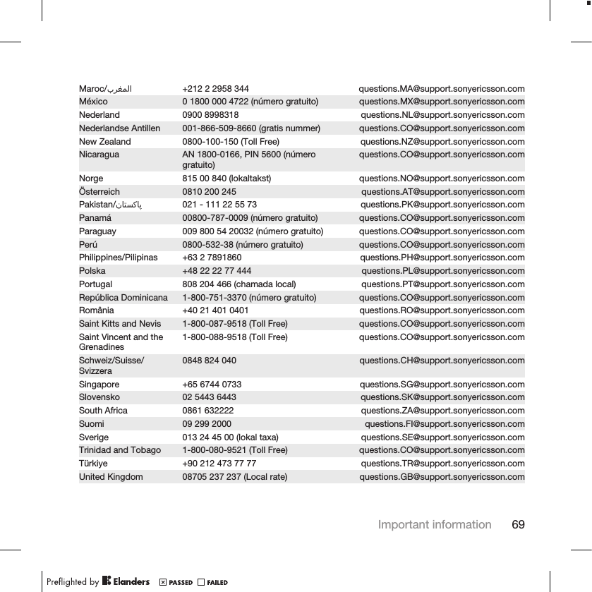 Maroc/󰂏󰂱󰃅󰃀 +212 2 2958 344 questions.MA@support.sonyericsson.comMéxico 0 1800 000 4722 (número gratuito) questions.MX@support.sonyericsson.comNederland 0900 8998318 questions.NL@support.sonyericsson.comNederlandse Antillen 001-866-509-8660 (gratis nummer) questions.CO@support.sonyericsson.comNew Zealand 0800-100-150 (Toll Free) questions.NZ@support.sonyericsson.comNicaragua AN 1800-0166, PIN 5600 (númerogratuito) questions.CO@support.sonyericsson.comNorge 815 00 840 (lokaltakst) questions.NO@support.sonyericsson.comÖsterreich 0810 200 245 questions.AT@support.sonyericsson.comPakistan/󰁯󰁹󰂕󰁯 021 - 111 22 55 73 questions.PK@support.sonyericsson.comPanamá 00800-787-0009 (número gratuito) questions.CO@support.sonyericsson.comParaguay 009 800 54 20032 (número gratuito) questions.CO@support.sonyericsson.comPerú 0800-532-38 (número gratuito) questions.CO@support.sonyericsson.comPhilippines/Pilipinas +63 2 7891860 questions.PH@support.sonyericsson.comPolska +48 22 22 77 444 questions.PL@support.sonyericsson.comPortugal 808 204 466 (chamada local) questions.PT@support.sonyericsson.comRepública Dominicana 1-800-751-3370 (número gratuito) questions.CO@support.sonyericsson.comRomânia +40 21 401 0401 questions.RO@support.sonyericsson.comSaint Kitts and Nevis 1-800-087-9518 (Toll Free) questions.CO@support.sonyericsson.comSaint Vincent and theGrenadines 1-800-088-9518 (Toll Free) questions.CO@support.sonyericsson.comSchweiz/Suisse/Svizzera 0848 824 040 questions.CH@support.sonyericsson.comSingapore +65 6744 0733 questions.SG@support.sonyericsson.comSlovensko 02 5443 6443 questions.SK@support.sonyericsson.comSouth Africa 0861 632222 questions.ZA@support.sonyericsson.comSuomi 09 299 2000 questions.FI@support.sonyericsson.comSverige 013 24 45 00 (lokal taxa) questions.SE@support.sonyericsson.comTrinidad and Tobago 1-800-080-9521 (Toll Free) questions.CO@support.sonyericsson.comTürkiye +90 212 473 77 77 questions.TR@support.sonyericsson.comUnited Kingdom 08705 237 237 (Local rate) questions.GB@support.sonyericsson.comImportant information 69