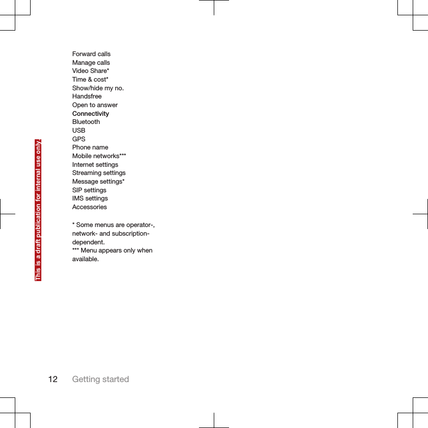 Forward callsManage callsVideo Share*Time &amp; cost*Show/hide my no.HandsfreeOpen to answerConnectivityBluetoothUSBGPSPhone nameMobile networks***Internet settingsStreaming settingsMessage settings*SIP settingsIMS settingsAccessories* Some menus are operator-,network- and subscription-dependent.*** Menu appears only whenavailable.12 Getting startedThis is a draft publication for internal use only.