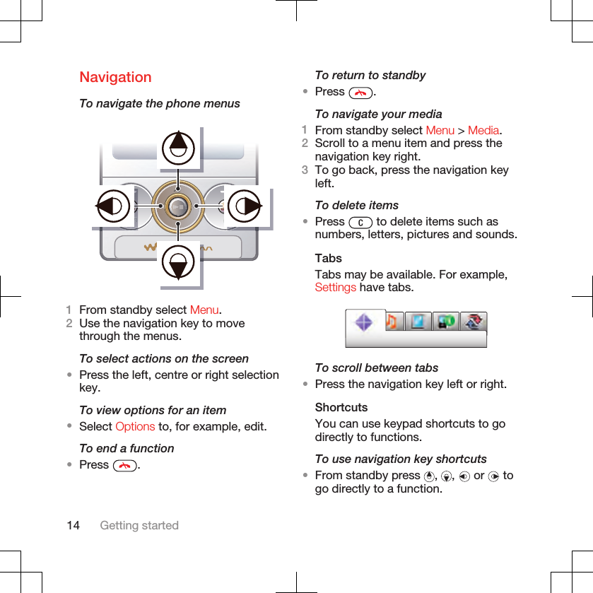 NavigationTo navigate the phone menus1From standby select Menu.2Use the navigation key to movethrough the menus.To select actions on the screen•Press the left, centre or right selectionkey.To view options for an item•Select Options to, for example, edit.To end a function•Press  .To return to standby•Press  .To navigate your media1From standby select Menu &gt; Media.2Scroll to a menu item and press thenavigation key right.3To go back, press the navigation keyleft.To delete items•Press   to delete items such asnumbers, letters, pictures and sounds.TabsTabs may be available. For example,Settings have tabs.To scroll between tabs•Press the navigation key left or right.ShortcutsYou can use keypad shortcuts to godirectly to functions.To use navigation key shortcuts•From standby press  ,  ,   or   togo directly to a function.14 Getting started