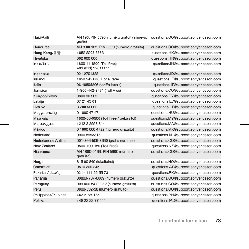 Haïti/Ayiti AN 193, PIN 5598 (numéro gratuit / nimewogratis) questions.CO@support.sonyericsson.comHonduras AN 8000122, PIN 5599 (número gratuito) questions.CO@support.sonyericsson.comHong Kong/香港 +852 8203 8863 questions.HK@support.sonyericsson.comHrvatska 062 000 000 questions.HR@support.sonyericsson.comIndia/भारत 1800 11 1800 (Toll Free)+91 (011) 39011111 questions.IN@support.sonyericsson.comIndonesia 021 2701388 questions.ID@support.sonyericsson.comIreland 1850 545 888 (Local rate) questions.IE@support.sonyericsson.comItalia 06 48895206 (tariffa locale) questions.IT@support.sonyericsson.comJamaica 1-800-442-3471 (Toll Free) questions.CO@support.sonyericsson.comΚύπρος/Kıbrıs 0800 90 909 questions.CY@support.sonyericsson.comLatvija 67 21 43 01 questions.LV@support.sonyericsson.comLietuva 8 700 55030 questions.LT@support.sonyericsson.comMagyarország 01 880 47 47 questions.HU@support.sonyericsson.comMalaysia 1800-88-9900 (Toll Free / bebas tol) questions.MY@support.sonyericsson.comMaroc/󰂏󰂱󰃅󰃀 +212 2 2958 344 questions.MA@support.sonyericsson.comMéxico 0 1800 000 4722 (número gratuito) questions.MX@support.sonyericsson.comNederland 0900 8998318 questions.NL@support.sonyericsson.comNederlandse Antillen 001-866-509-8660 (gratis nummer) questions.CO@support.sonyericsson.comNew Zealand 0800-100-150 (Toll Free) questions.NZ@support.sonyericsson.comNicaragua AN 1800-0166, PIN 5600 (númerogratuito) questions.CO@support.sonyericsson.comNorge 815 00 840 (lokaltakst) questions.NO@support.sonyericsson.comÖsterreich 0810 200 245 questions.AT@support.sonyericsson.comPakistan/󰁯󰁹󰂕󰁯 021 - 111 22 55 73 questions.PK@support.sonyericsson.comPanamá 00800-787-0009 (número gratuito) questions.CO@support.sonyericsson.comParaguay 009 800 54 20032 (número gratuito) questions.CO@support.sonyericsson.comPerú 0800-532-38 (número gratuito) questions.CO@support.sonyericsson.comPhilippines/Pilipinas +63 2 7891860 questions.PH@support.sonyericsson.comPolska +48 22 22 77 444 questions.PL@support.sonyericsson.comImportant information 73