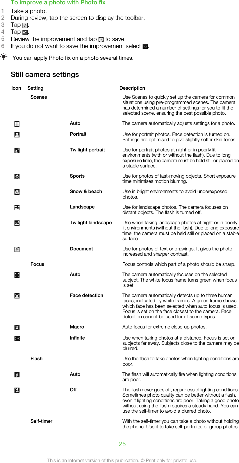 To improve a photo with Photo fix1Take a photo.2During review, tap the screen to display the toolbar.3Tap  .4Tap  .5Review the improvement and tap   to save.6If you do not want to save the improvement select  .You can apply Photo fix on a photo several times.Still camera settingsIcon Setting   DescriptionScenes   Use Scenes to quickly set up the camera for commonsituations using pre-programmed scenes. The camerahas determined a number of settings for you to fit theselected scene, ensuring the best possible photo. Auto The camera automatically adjusts settings for a photo. Portrait Use for portrait photos. Face detection is turned on.Settings are optimised to give slightly softer skin tones. Twilight portrait Use for portrait photos at night or in poorly litenvironments (with or without the flash). Due to longexposure time, the camera must be held still or placed ona stable surface. Sports Use for photos of fast-moving objects. Short exposuretime minimises motion blurring. Snow &amp; beach Use in bright environments to avoid underexposedphotos. Landscape Use for landscape photos. The camera focuses ondistant objects. The flash is turned off. Twilight landscape Use when taking landscape photos at night or in poorlylit environments (without the flash). Due to long exposuretime, the camera must be held still or placed on a stablesurface. Document Use for photos of text or drawings. It gives the photoincreased and sharper contrast.Focus   Focus controls which part of a photo should be sharp. Auto The camera automatically focuses on the selectedsubject. The white focus frame turns green when focusis set. Face detection The camera automatically detects up to three humanfaces, indicated by white frames. A green frame showswhich face has been selected when auto focus is used.Focus is set on the face closest to the camera. Facedetection cannot be used for all scene types. Macro Auto focus for extreme close-up photos. Infinite Use when taking photos at a distance. Focus is set onsubjects far away. Subjects close to the camera may beblurred.Flash  Use the flash to take photos when lighting conditions arepoor. Auto The flash will automatically fire when lighting conditionsare poor. Off The flash never goes off, regardless of lighting conditions.Sometimes photo quality can be better without a flash,even if lighting conditions are poor. Taking a good photowithout using the flash requires a steady hand. You canuse the self-timer to avoid a blurred photo.Self-timer   With the self-timer you can take a photo without holdingthe phone. Use it to take self-portraits, or group photos25This is an Internet version of this publication. © Print only for private use.