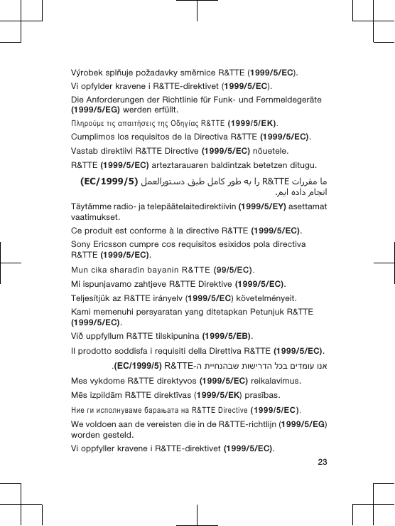 Výrobek splňuje požadavky směrnice R&amp;TTE (1999/5/EC).Vi opfylder kravene i R&amp;TTE-direktivet (1999/5/EC).Die Anforderungen der Richtlinie für Funk- und Fernmeldegeräte(1999/5/EG) werden erfüllt.Πληρούμε τις απαιτήσεις της Οδηγίας R&amp;TTE (1999/5/ΕΚ).Cumplimos los requisitos de la Directiva R&amp;TTE (1999/5/EC).Vastab direktiivi R&amp;TTE Directive (1999/5/EC) nõuetele.R&amp;TTE (1999/5/EC) arteztarauaren baldintzak betetzen ditugu.  R&amp;TTE       )1999/5/EC(  .Täytämme radio- ja telepäätelaitedirektiivin (1999/5/EY) asettamatvaatimukset.Ce produit est conforme à la directive R&amp;TTE (1999/5/EC).Sony Ericsson cumpre cos requisitos esixidos pola directivaR&amp;TTE (1999/5/EC).Mun cika sharaɗin bayanin R&amp;TTE (99/5/EC).Mi ispunjavamo zahtjeve R&amp;TTE Direktive (1999/5/EC).Teljesítjük az R&amp;TTE irányelv (1999/5/EC) követelményeit.Kami memenuhi persyaratan yang ditetapkan Petunjuk R&amp;TTE(1999/5/EC).Við uppfyllum R&amp;TTE tilskipunina (1999/5/EB).Il prodotto soddisfa i requisiti della Direttiva R&amp;TTE (1999/5/EC).ונא םידמוע לכב תושירדה תייחנהבש ה-R&amp;TTE )1999/5/EC(.Mes vykdome R&amp;TTE direktyvos (1999/5/EC) reikalavimus.Mēs izpildām R&amp;TTE direktīvas (1999/5/EK) prasības.Ние ги исполнуваме барањата на R&amp;TTE Directive (1999/5/EC).We voldoen aan de vereisten die in de R&amp;TTE-richtlijn (1999/5/EG)worden gesteld.Vi oppfyller kravene i R&amp;TTE-direktivet (1999/5/EC).23