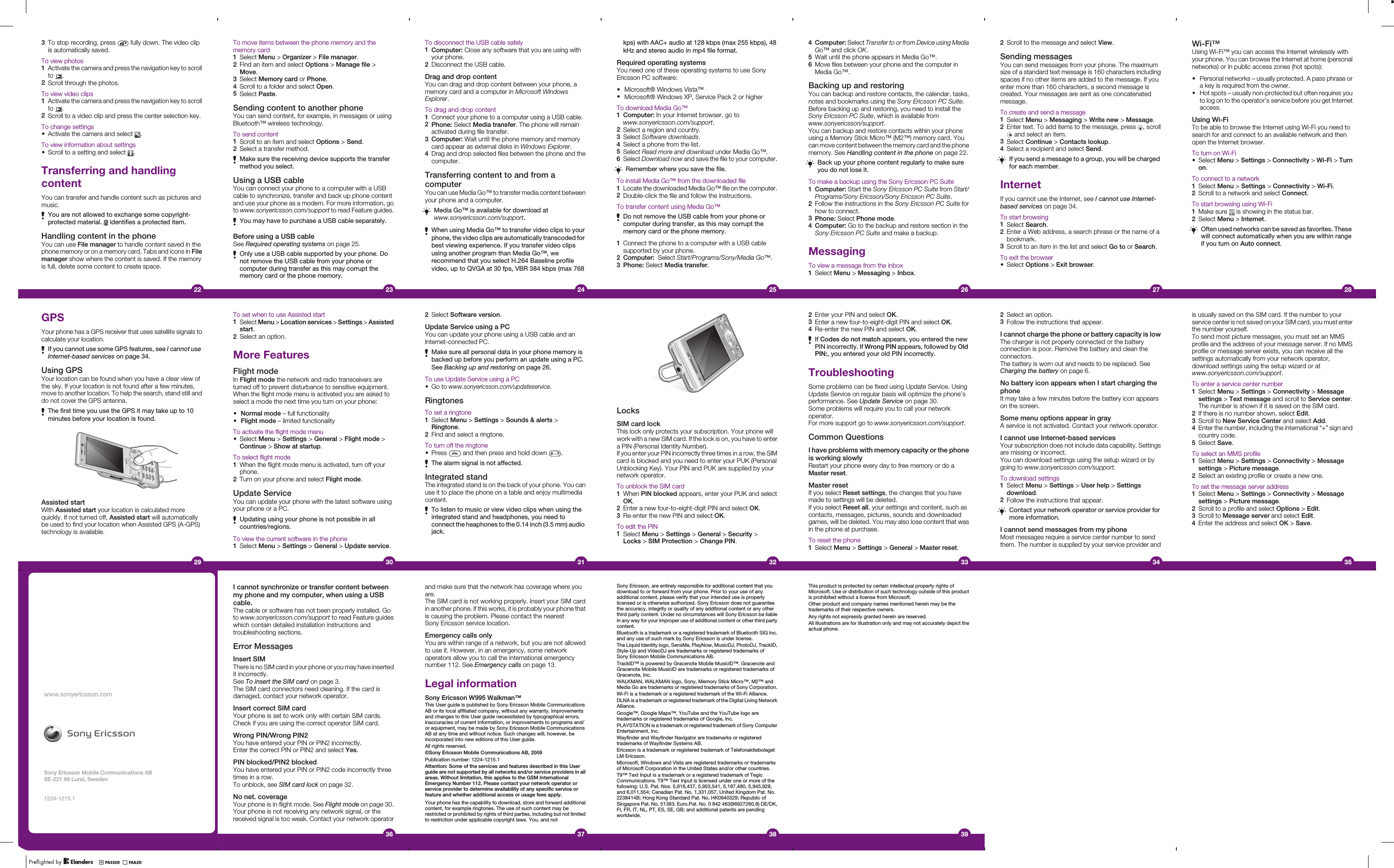 3To stop recording, press   fully down. The video clipis automatically saved.To view photos1Activate the camera and press the navigation key to scrollto  .2Scroll through the photos.To view video clips1Activate the camera and press the navigation key to scrollto  .2Scroll to a video clip and press the center selection key.To change settings•Activate the camera and select  .To view information about settings•Scroll to a setting and select  .Transferring and handlingcontentYou can transfer and handle content such as pictures andmusic.You are not allowed to exchange some copyright-protected material.   identifies a protected item.Handling content in the phoneYou can use File manager to handle content saved in thephone memory or on a memory card. Tabs and icons in Filemanager show where the content is saved. If the memoryis full, delete some content to create space.22To move items between the phone memory and thememory card1Select Menu &gt; Organizer &gt; File manager.2Find an item and select Options &gt; Manage file &gt;Move.3Select Memory card or Phone.4Scroll to a folder and select Open.5Select Paste.Sending content to another phoneYou can send content, for example, in messages or usingBluetooth™ wireless technology.To send content1Scroll to an item and select Options &gt; Send.2Select a transfer method.Make sure the receiving device supports the transfermethod you select.Using a USB cableYou can connect your phone to a computer with a USBcable to synchronize, transfer and back up phone contentand use your phone as a modem. For more information, goto www.sonyericsson.com/support to read Feature guides.You may have to purchase a USB cable separately.Before using a USB cableSee Required operating systems on page 25.Only use a USB cable supported by your phone. Donot remove the USB cable from your phone orcomputer during transfer as this may corrupt thememory card or the phone memory.23To disconnect the USB cable safely1Computer: Close any software that you are using withyour phone.2Disconnect the USB cable.Drag and drop contentYou can drag and drop content between your phone, amemory card and a computer in Microsoft WindowsExplorer.To drag and drop content1Connect your phone to a computer using a USB cable.2Phone: Select Media transfer. The phone will remainactivated during file transfer.3Computer: Wait until the phone memory and memorycard appear as external disks in Windows Explorer.4Drag and drop selected files between the phone and thecomputer.Transferring content to and from acomputerYou can use Media Go™ to transfer media content betweenyour phone and a computer.Media Go™ is available for download atwww.sonyericsson.com/support.When using Media Go™ to transfer video clips to yourphone, the video clips are automatically transcoded forbest viewing experience. If you transfer video clipsusing another program than Media Go™, werecommend that you select H.264 Baseline profilevideo, up to QVGA at 30 fps, VBR 384 kbps (max 76824kps) with AAC+ audio at 128 kbps (max 255 kbps), 48kHz and stereo audio in mp4 file format.Required operating systemsYou need one of these operating systems to use SonyEricsson PC software:•Microsoft® Windows Vista™•Microsoft® Windows XP, Service Pack 2 or higherTo download Media Go™1Computer: In your Internet browser, go towww.sonyericsson.com/support.2Select a region and country.3Select Software downloads.4Select a phone from the list.5Select Read more and download under Media Go™.6Select Download now and save the file to your computer.Remember where you save the file.To install Media Go™ from the downloaded file1Locate the downloaded Media Go™ file on the computer.2Double-click the file and follow the instructions.To transfer content using Media Go™Do not remove the USB cable from your phone orcomputer during transfer, as this may corrupt thememory card or the phone memory.1Connect the phone to a computer with a USB cablesupported by your phone.2Computer:  Select Start/Programs/Sony/Media Go™.3Phone: Select Media transfer.254Computer: Select Transfer to or from Device using MediaGo™ and click OK.5Wait until the phone appears in Media Go™.6Move files between your phone and the computer inMedia Go™.Backing up and restoringYou can backup and restore contacts, the calendar, tasks,notes and bookmarks using the Sony Ericsson PC Suite.Before backing up and restoring, you need to install theSony Ericsson PC Suite, which is available fromwww.sonyericsson/support.You can backup and restore contacts within your phoneusing a Memory Stick Micro™ (M2™) memory card. Youcan move content between the memory card and the phonememory. See Handling content in the phone on page 22.Back up your phone content regularly to make sureyou do not lose it.To make a backup using the Sony Ericsson PC Suite1Computer: Start the Sony Ericsson PC Suite from Start/Programs/Sony Ericsson/Sony Ericsson PC Suite.2Follow the instructions in the Sony Ericsson PC Suite forhow to connect.3Phone: Select Phone mode.4Computer: Go to the backup and restore section in theSony Ericsson PC Suite and make a backup.MessagingTo view a message from the inbox1Select Menu &gt; Messaging &gt; Inbox.262Scroll to the message and select View.Sending messagesYou can send messages from your phone. The maximumsize of a standard text message is 160 characters includingspaces if no other items are added to the message. If youenter more than 160 characters, a second message iscreated. Your messages are sent as one concatenatedmessage.To create and send a message1Select Menu &gt; Messaging &gt; Write new &gt; Message.2Enter text. To add items to the message, press  , scroll and select an item.3Select Continue &gt; Contacts lookup.4Select a recipient and select Send.If you send a message to a group, you will be chargedfor each member.InternetIf you cannot use the Internet, see I cannot use Internet-based services on page 34.To start browsing1Select Search.2Enter a Web address, a search phrase or the name of abookmark.3Scroll to an item in the list and select Go to or Search.To exit the browser•Select Options &gt; Exit browser.27Wi-Fi™Using Wi-Fi™ you can access the Internet wirelessly withyour phone. You can browse the Internet at home (personalnetworks) or in public access zones (hot spots):•Personal networks – usually protected. A pass phrase ora key is required from the owner.•Hot spots – usually non-protected but often requires youto log on to the operator’s service before you get Internetaccess.Using Wi-FiTo be able to browse the Internet using Wi-Fi you need tosearch for and connect to an available network and thenopen the Internet browser.To turn on Wi-Fi•Select Menu &gt; Settings &gt; Connectivity &gt; Wi-Fi &gt; Turnon.To connect to a network1Select Menu &gt; Settings &gt; Connectivity &gt; Wi-Fi.2Scroll to a network and select Connect.To start browsing using Wi-Fi1Make sure   is showing in the status bar.2Select Menu &gt; Internet.Often used networks can be saved as favorites. Thesewill connect automatically when you are within rangeif you turn on Auto connect.28is usually saved on the SIM card. If the number to yourservice center is not saved on your SIM card, you must enterthe number yourself.To send most picture messages, you must set an MMSprofile and the address of your message server. If no MMSprofile or message server exists, you can receive all thesettings automatically from your network operator,download settings using the setup wizard or atwww.sonyericsson.com/support.To enter a service center number1Select Menu &gt; Settings &gt; Connectivity &gt; Messagesettings &gt; Text message and scroll to Service center.The number is shown if it is saved on the SIM card.2If there is no number shown, select Edit.3Scroll to New Service Center and select Add.4Enter the number, including the international “+” sign andcountry code.5Select Save.To select an MMS profile1Select Menu &gt; Settings &gt; Connectivity &gt; Messagesettings &gt; Picture message.2Select an existing profile or create a new one.To set the message server address1Select Menu &gt; Settings &gt; Connectivity &gt; Messagesettings &gt; Picture message.2Scroll to a profile and select Options &gt; Edit.3Scroll to Message server and select Edit.4Enter the address and select OK &gt; Save.352Select an option.3Follow the instructions that appear.I cannot charge the phone or battery capacity is lowThe charger is not properly connected or the batteryconnection is poor. Remove the battery and clean theconnectors.The battery is worn out and needs to be replaced. SeeCharging the battery on page 6.No battery icon appears when I start charging thephoneIt may take a few minutes before the battery icon appearson the screen.Some menu options appear in grayA service is not activated. Contact your network operator.I cannot use Internet-based servicesYour subscription does not include data capability. Settingsare missing or incorrect.You can download settings using the setup wizard or bygoing to www.sonyericsson.com/support.To download settings1Select Menu &gt; Settings &gt; User help &gt; Settingsdownload.2Follow the instructions that appear.Contact your network operator or service provider formore information.I cannot send messages from my phoneMost messages require a service center number to sendthem. The number is supplied by your service provider and342Enter your PIN and select OK.3Enter a new four-to-eight-digit PIN and select OK.4Re-enter the new PIN and select OK.If Codes do not match appears, you entered the newPIN incorrectly. If Wrong PIN appears, followed by OldPIN:, you entered your old PIN incorrectly.TroubleshootingSome problems can be fixed using Update Service. UsingUpdate Service on regular basis will optimize the phone’sperformance. See Update Service on page 30.Some problems will require you to call your networkoperator.For more support go to www.sonyericsson.com/support.Common QuestionsI have problems with memory capacity or the phoneis working slowlyRestart your phone every day to free memory or do aMaster reset.Master resetIf you select Reset settings, the changes that you havemade to settings will be deleted.If you select Reset all, your settings and content, such ascontacts, messages, pictures, sounds and downloadedgames, will be deleted. You may also lose content that wasin the phone at purchase.To reset the phone1Select Menu &gt; Settings &gt; General &gt; Master reset.33LocksSIM card lockThis lock only protects your subscription. Your phone willwork with a new SIM card. If the lock is on, you have to entera PIN (Personal Identity Number).If you enter your PIN incorrectly three times in a row, the SIMcard is blocked and you need to enter your PUK (PersonalUnblocking Key). Your PIN and PUK are supplied by yournetwork operator.To unblock the SIM card1When PIN blocked appears, enter your PUK and selectOK.2Enter a new four-to-eight-digit PIN and select OK.3Re-enter the new PIN and select OK.To edit the PIN1Select Menu &gt; Settings &gt; General &gt; Security &gt;Locks &gt; SIM Protection &gt; Change PIN.32To set when to use Assisted start1Select Menu &gt; Location services &gt; Settings &gt; Assistedstart.2Select an option.More FeaturesFlight modeIn Flight mode the network and radio transceivers areturned off to prevent disturbance to sensitive equipment.When the flight mode menu is activated you are asked toselect a mode the next time you turn on your phone:•Normal mode – full functionality•Flight mode – limited functionalityTo activate the flight mode menu•Select Menu &gt; Settings &gt; General &gt; Flight mode &gt;Continue &gt; Show at startup.To select flight mode1When the flight mode menu is activated, turn off yourphone.2Turn on your phone and select Flight mode.Update ServiceYou can update your phone with the latest software usingyour phone or a PC.Updating using your phone is not possible in allcountries/regions.To view the current software in the phone1Select Menu &gt; Settings &gt; General &gt; Update service.30GPSYour phone has a GPS receiver that uses satellite signals tocalculate your location.If you cannot use some GPS features, see I cannot useInternet-based services on page 34.Using GPSYour location can be found when you have a clear view ofthe sky. If your location is not found after a few minutes,move to another location. To help the search, stand still anddo not cover the GPS antenna.The first time you use the GPS it may take up to 10minutes before your location is found.Assisted startWith Assisted start your location is calculated morequickly. If not turned off, Assisted start will automaticallybe used to find your location when Assisted GPS (A-GPS)technology is available.292Select Software version.Update Service using a PCYou can update your phone using a USB cable and anInternet-connected PC.Make sure all personal data in your phone memory isbacked up before you perform an update using a PC.See Backing up and restoring on page 26.To use Update Service using a PC•Go to www.sonyericsson.com/updateservice.RingtonesTo set a ringtone1Select Menu &gt; Settings &gt; Sounds &amp; alerts &gt;Ringtone.2Find and select a ringtone.To turn off the ringtone•Press   and then press and hold down  .The alarm signal is not affected.Integrated standThe integrated stand is on the back of your phone. You canuse it to place the phone on a table and enjoy multimediacontent.To listen to music or view video clips when using theintegrated stand and headphones, you need toconnect the heaphones to the 0.14 inch (3.5 mm) audiojack.31www.sonyericsson.comSony Ericsson Mobile Communications ABSE-221 88 Lund, Sweden1224-1215.1I cannot synchronize or transfer content betweenmy phone and my computer, when using a USBcable.The cable or software has not been properly installed. Goto www.sonyericsson.com/support to read Feature guideswhich contain detailed installation instructions andtroubleshooting sections.Error MessagesInsert SIMThere is no SIM card in your phone or you may have insertedit incorrectly.See To insert the SIM card on page 3.The SIM card connectors need cleaning. If the card isdamaged, contact your network operator.Insert correct SIM cardYour phone is set to work only with certain SIM cards.Check if you are using the correct operator SIM card.Wrong PIN/Wrong PIN2You have entered your PIN or PIN2 incorrectly.Enter the correct PIN or PIN2 and select Yes.PIN blocked/PIN2 blockedYou have entered your PIN or PIN2 code incorrectly threetimes in a row.To unblock, see SIM card lock on page 32.No net. coverageYour phone is in flight mode. See Flight mode on page 30.Your phone is not receiving any network signal, or thereceived signal is too weak. Contact your network operator36and make sure that the network has coverage where youare.The SIM card is not working properly. Insert your SIM cardin another phone. If this works, it is probably your phone thatis causing the problem. Please contact the nearestSony Ericsson service location.Emergency calls onlyYou are within range of a network, but you are not allowedto use it. However, in an emergency, some networkoperators allow you to call the international emergencynumber 112. See Emergency calls on page 13.Legal informationSony Ericsson W995 Walkman™This User guide is published by Sony Ericsson Mobile CommunicationsAB or its local affiliated company, without any warranty. Improvementsand changes to this User guide necessitated by typographical errors,inaccuracies of current information, or improvements to programs and/or equipment, may be made by Sony Ericsson Mobile CommunicationsAB at any time and without notice. Such changes will, however, beincorporated into new editions of this User guide.All rights reserved.©Sony Ericsson Mobile Communications AB, 2009Publication number: 1224-1215.1Attention: Some of the services and features described in this Userguide are not supported by all networks and/or service providers in allareas. Without limitation, this applies to the GSM InternationalEmergency Number 112. Please contact your network operator orservice provider to determine availability of any specific service orfeature and whether additional access or usage fees apply.Your phone has the capability to download, store and forward additionalcontent, for example ringtones. The use of such content may berestricted or prohibited by rights of third parties, including but not limitedto restriction under applicable copyright laws. You, and not37Sony Ericsson, are entirely responsible for additional content that youdownload to or forward from your phone. Prior to your use of anyadditional content, please verify that your intended use is properlylicensed or is otherwise authorized. Sony Ericsson does not guaranteethe accuracy, integrity or quality of any additional content or any otherthird party content. Under no circumstances will Sony Ericsson be liablein any way for your improper use of additional content or other third partycontent.Bluetooth is a trademark or a registered trademark of Bluetooth SIG Inc.and any use of such mark by Sony Ericsson is under license.The Liquid Identity logo, SensMe, PlayNow, MusicDJ, PhotoDJ, TrackID,Style-Up and VideoDJ are trademarks or registered trademarks ofSony Ericsson Mobile Communications AB.TrackID™ is powered by Gracenote Mobile MusicID™. Gracenote andGracenote Mobile MusicID are trademarks or registered trademarks ofGracenote, Inc.WALKMAN, WALKMAN logo, Sony, Memory Stick Micro™, M2™ andMedia Go are trademarks or registered trademarks of Sony Corporation.Wi-Fi is a trademark or a registered trademark of the Wi-Fi Alliance.DLNA is a trademark or registered trademark of the Digital Living NetworkAlliance.Google™, Google Maps™, YouTube and the YouTube logo aretrademarks or registered trademarks of Google, Inc.PLAYSTATION is a trademark or registered trademark of Sony ComputerEntertainment, Inc.Wayfinder and Wayfinder Navigator are trademarks or registeredtrademarks of Wayfinder Systems AB.Ericsson is a trademark or registered trademark of TelefonaktiebolagetLM Ericsson.Microsoft, Windows and Vista are registered trademarks or trademarksof Microsoft Corporation in the United States and/or other countries.T9™ Text Input is a trademark or a registered trademark of TegicCommunications. T9™ Text Input is licensed under one or more of thefollowing: U.S. Pat. Nos. 5,818,437, 5,953,541, 5,187,480, 5,945,928,and 6,011,554; Canadian Pat. No. 1,331,057, United Kingdom Pat. No.2238414B; Hong Kong Standard Pat. No. HK0940329; Republic ofSingapore Pat. No. 51383; Euro.Pat. No. 0 842 463(96927260.8) DE/DK,FI, FR, IT, NL, PT, ES, SE, GB; and additional patents are pendingworldwide.38This product is protected by certain intellectual property rights ofMicrosoft. Use or distribution of such technology outside of this productis prohibited without a license from Microsoft.Other product and company names mentioned herein may be thetrademarks of their respective owners.Any rights not expressly granted herein are reserved.All illustrations are for illustration only and may not accurately depict theactual phone.39