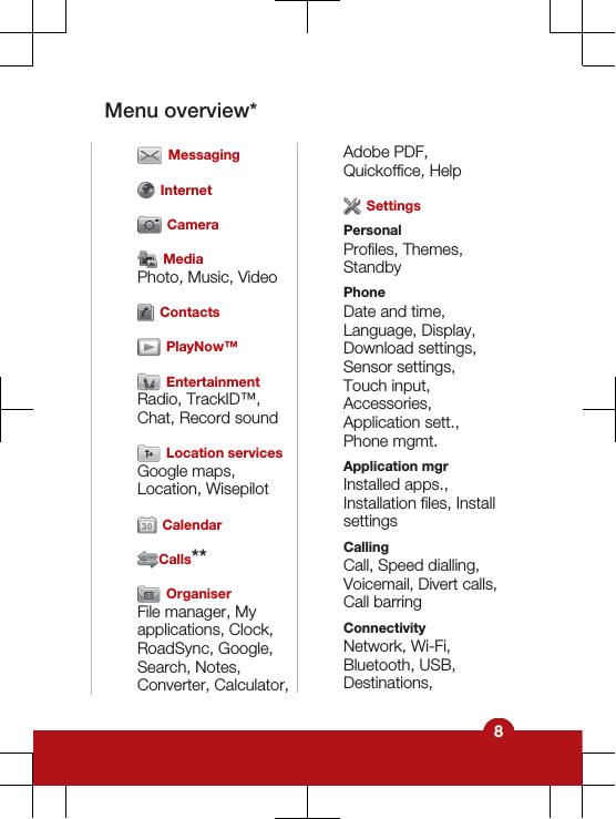 Menu overview* Messaging Internet Camera MediaPhoto, Music, Video Contacts PlayNow™ EntertainmentRadio, TrackID™,Chat, Record sound Location servicesGoogle maps,Location, Wisepilot CalendarCalls** OrganiserFile manager, Myapplications, Clock,RoadSync, Google,Search, Notes,Converter, Calculator,Adobe PDF,Quickoffice, Help SettingsPersonalProfiles, Themes,StandbyPhoneDate and time,Language, Display,Download settings,Sensor settings,Touch input,Accessories,Application sett.,Phone mgmt.Application mgrInstalled apps.,Installation files, InstallsettingsCallingCall, Speed dialling,Voicemail, Divert calls,Call barringConnectivityNetwork, Wi-Fi,Bluetooth, USB,Destinations,8