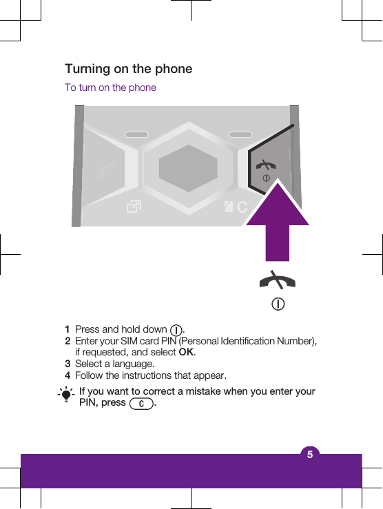 Turning on the phoneTo turn on the phone1Press and hold down  .2Enter your SIM card PIN (Personal Identification Number),if requested, and select OK.3Select a language.4Follow the instructions that appear.If you want to correct a mistake when you enter yourPIN, press  .5