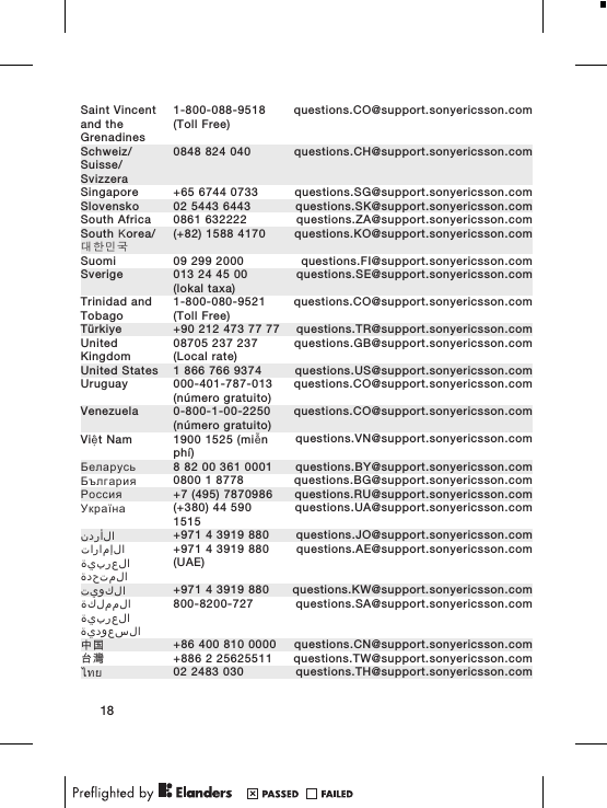 Saint Vincentand theGrenadines1-800-088-9518(Toll Free)questions.CO@support.sonyericsson.comSchweiz/Suisse/Svizzera0848 824 040 questions.CH@support.sonyericsson.comSingapore +65 6744 0733 questions.SG@support.sonyericsson.comSlovensko 02 5443 6443 questions.SK@support.sonyericsson.comSouth Africa 0861 632222 questions.ZA@support.sonyericsson.comSouth Κorea/대한민국(+82) 1588 4170 questions.KO@support.sonyericsson.comSuomi 09 299 2000 questions.FI@support.sonyericsson.comSverige 013 24 45 00(lokal taxa)questions.SE@support.sonyericsson.comTrinidad andTobago1-800-080-9521(Toll Free)questions.CO@support.sonyericsson.comTürkiye +90 212 473 77 77 questions.TR@support.sonyericsson.comUnitedKingdom08705 237 237(Local rate)questions.GB@support.sonyericsson.comUnited States 1 866 766 9374 questions.US@support.sonyericsson.comUruguay 000-401-787-013(número gratuito)questions.CO@support.sonyericsson.comVenezuela 0-800-1-00-2250(número gratuito)questions.CO@support.sonyericsson.comViệt Nam 1900 1525 (miễnphí)questions.VN@support.sonyericsson.comБеларусь 8 82 00 361 0001 questions.BY@support.sonyericsson.comБългария 0800 1 8778 questions.BG@support.sonyericsson.comРоссия +7 (495) 7870986 questions.RU@support.sonyericsson.comУкраїна (+380) 44 5901515questions.UA@support.sonyericsson.comالأردن +971 4 3919 880 questions.JO@support.sonyericsson.comالإمارات العربية المتحدة+971 4 3919 880(UAE)questions.AE@support.sonyericsson.comالكويت +971 4 3919 880 questions.KW@support.sonyericsson.comالمملكة العربية السعودية800-8200-727 questions.SA@support.sonyericsson.com中国 +86 400 810 0000 questions.CN@support.sonyericsson.com台灣 +886 2 25625511 questions.TW@support.sonyericsson.comไทย 02 2483 030 questions.TH@support.sonyericsson.com18