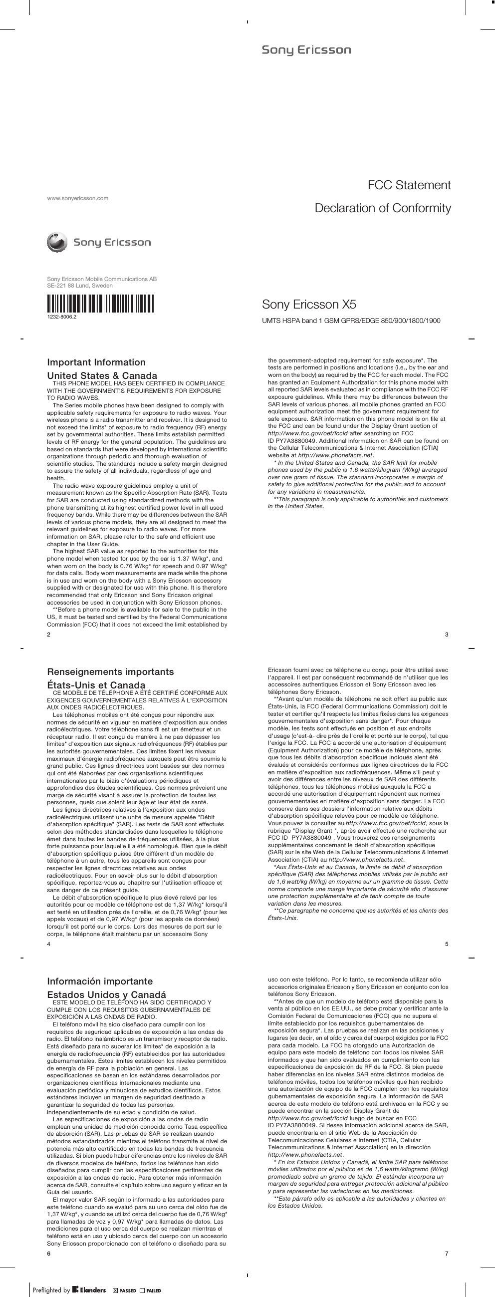 www.sonyericsson.comSony Ericsson Mobile Communications ABSE-221 88 Lund, Sweden1232-8006.2Important InformationUnited States &amp; CanadaTHIS PHONE MODEL HAS BEEN CERTIFIED IN COMPLIANCEWITH THE GOVERNMENT’S REQUIREMENTS FOR EXPOSURETO RADIO WAVES.The Series mobile phones have been designed to comply withapplicable safety requirements for exposure to radio waves. Yourwireless phone is a radio transmitter and receiver. It is designed tonot exceed the limits* of exposure to radio frequency (RF) energyset by governmental authorities. These limits establish permittedlevels of RF energy for the general population. The guidelines arebased on standards that were developed by international scientificorganizations through periodic and thorough evaluation ofscientific studies. The standards include a safety margin designedto assure the safety of all individuals, regardless of age andhealth.The radio wave exposure guidelines employ a unit ofmeasurement known as the Specific Absorption Rate (SAR). Testsfor SAR are conducted using standardized methods with thephone transmitting at its highest certified power level in all usedfrequency bands. While there may be differences between the SARlevels of various phone models, they are all designed to meet therelevant guidelines for exposure to radio waves. For moreinformation on SAR, please refer to the safe and efficient usechapter in the User Guide.The highest SAR value as reported to the authorities for thisphone model when tested for use by the ear is 1.37 W/kg*, andwhen worn on the body is 0.76 W/kg* for speech and 0.97 W/kg*for data calls. Body worn measurements are made while the phoneis in use and worn on the body with a Sony Ericsson accessorysupplied with or designated for use with this phone. It is thereforerecommended that only Ericsson and Sony Ericsson originalaccessories be used in conjunction with Sony Ericsson phones.**Before a phone model is available for sale to the public in theUS, it must be tested and certified by the Federal CommunicationsCommission (FCC) that it does not exceed the limit established by2Renseignements importantsÉtats-Unis et CanadaCE MODÈLE DE TÉLÉPHONE A ÉTÉ CERTIFIÉ CONFORME AUXEXIGENCES GOUVERNEMENTALES RELATIVES À L&apos;EXPOSITIONAUX ONDES RADIOÉLECTRIQUES.Les téléphones mobiles ont été conçus pour répondre auxnormes de sécurité en vigueur en matière d&apos;exposition aux ondesradioélectriques. Votre téléphone sans fil est un émetteur et unrécepteur radio. Il est conçu de manière à ne pas dépasser leslimites* d&apos;exposition aux signaux radiofréquences (RF) établies parles autorités gouvernementales. Ces limites fixent les niveauxmaximaux d&apos;énergie radiofréquence auxquels peut être soumis legrand public. Ces lignes directrices sont basées sur des normesqui ont été élaborées par des organisations scientifiquesinternationales par le biais d&apos;évaluations périodiques etapprofondies des études scientifiques. Ces normes prévoient unemarge de sécurité visant à assurer la protection de toutes lespersonnes, quels que soient leur âge et leur état de santé.Les lignes directrices relatives à l&apos;exposition aux ondesradioélectriques utilisent une unité de mesure appelée &quot;Débitd&apos;absorption spécifique&quot; (SAR). Les tests de SAR sont effectuésselon des méthodes standardisées dans lesquelles le téléphoneémet dans toutes les bandes de fréquences utilisées, à la plusforte puissance pour laquelle il a été homologué. Bien que le débitd&apos;absorption spécifique puisse être différent d&apos;un modèle detéléphone à un autre, tous les appareils sont conçus pourrespecter les lignes directrices relatives aux ondesradioélectriques. Pour en savoir plus sur le débit d&apos;absorptionspécifique, reportez-vous au chapitre sur l&apos;utilisation efficace etsans danger de ce présent guide.Le débit d&apos;absorption spécifique le plus élevé relevé par lesautorités pour ce modèle de téléphone est de 1,37 W/kg* lorsqu&apos;ilest testé en utilisation près de l&apos;oreille, et de 0,76 W/kg* (pour lesappels vocaux) et de 0,97 W/kg* (pour les appels de données)lorsqu&apos;il est porté sur le corps. Lors des mesures de port sur lecorps, le téléphone était maintenu par un accessoire Sony4Información importanteEstados Unidos y CanadáESTE MODELO DE TELÉFONO HA SIDO CERTIFICADO YCUMPLE CON LOS REQUISITOS GUBERNAMENTALES DEEXPOSICIÓN A LAS ONDAS DE RADIO.El teléfono móvil ha sido diseñado para cumplir con losrequisitos de seguridad aplicables de exposición a las ondas deradio. El teléfono inalámbrico es un transmisor y receptor de radio.Está diseñado para no superar los límites* de exposición a laenergía de radiofrecuencia (RF) establecidos por las autoridadesgubernamentales. Estos límites establecen los niveles permitidosde energía de RF para la población en general. Lasespecificaciones se basan en los estándares desarrollados pororganizaciones científicas internacionales mediante unaevaluación periódica y minuciosa de estudios científicos. Estosestándares incluyen un margen de seguridad destinado agarantizar la seguridad de todas las personas,independientemente de su edad y condición de salud.Las especificaciones de exposición a las ondas de radioemplean una unidad de medición conocida como Tasa específicade absorción (SAR). Las pruebas de SAR se realizan usandométodos estandarizados mientras el teléfono transmite al nivel depotencia más alto certificado en todas las bandas de frecuenciautilizadas. Si bien puede haber diferencias entre los niveles de SARde diversos modelos de teléfono, todos los teléfonos han sidodiseñados para cumplir con las especificaciones pertinentes deexposición a las ondas de radio. Para obtener más informaciónacerca de SAR, consulte el capítulo sobre uso seguro y eficaz en laGuía del usuario.El mayor valor SAR según lo informado a las autoridades paraeste teléfono cuando se evaluó para su uso cerca del oído fue de1,37 W/kg*, y cuando se utilizó cerca del cuerpo fue de 0,76 W/kg*para llamadas de voz y 0,97 W/kg* para llamadas de datos. Lasmediciones para el uso cerca del cuerpo se realizan mientras elteléfono está en uso y ubicado cerca del cuerpo con un accesorioSony Ericsson proporcionado con el teléfono o diseñado para su6FCC StatementDeclaration of ConformitySony Ericsson X5 UMTS HSPA band 1 GSM GPRS/EDGE 850/900/1800/1900the government-adopted requirement for safe exposure*. Thetests are performed in positions and locations (i.e., by the ear andworn on the body) as required by the FCC for each model. The FCChas granted an Equipment Authorization for this phone model withall reported SAR levels evaluated as in compliance with the FCC RFexposure guidelines. While there may be differences between theSAR levels of various phones, all mobile phones granted an FCCequipment authorization meet the government requirement forsafe exposure. SAR information on this phone model is on file atthe FCC and can be found under the Display Grant section ofhttp://www.fcc.gov/oet/fccid after searching on FCCID PY7A3880049. Additional information on SAR can be found onthe Cellular Telecommunications &amp; Internet Association (CTIA)website at http://www.phonefacts.net.* In the United States and Canada, the SAR limit for mobilephones used by the public is 1.6 watts/kilogram (W/kg) averagedover one gram of tissue. The standard incorporates a margin ofsafety to give additional protection for the public and to accountfor any variations in measurements.**This paragraph is only applicable to authorities and customersin the United States.3Ericsson fourni avec ce téléphone ou conçu pour être utilisé avecl&apos;appareil. Il est par conséquent recommandé de n&apos;utiliser que lesaccessoires authentiques Ericsson et Sony Ericsson avec lestéléphones Sony Ericsson.**Avant qu&apos;un modèle de téléphone ne soit offert au public auxÉtats-Unis, la FCC (Federal Communications Commission) doit letester et certifier qu&apos;il respecte les limites fixées dans les exigencesgouvernementales d&apos;exposition sans danger*. Pour chaquemodèle, les tests sont effectués en position et aux endroitsd&apos;usage (c&apos;est-à- dire près de l&apos;oreille et porté sur le corps), tel quel&apos;exige la FCC. La FCC a accordé une autorisation d&apos;équipement(Equipment Authorization) pour ce modèle de téléphone, aprèsque tous les débits d&apos;absorption spécifique indiqués aient étéévalués et considérés conformes aux lignes directrices de la FCCen matière d&apos;exposition aux radiofréquences. Même s&apos;il peut yavoir des différences entre les niveaux de SAR des différentstéléphones, tous les téléphones mobiles auxquels la FCC aaccordé une autorisation d&apos;équipement répondent aux normesgouvernementales en matière d&apos;exposition sans danger. La FCCconserve dans ses dossiers l&apos;information relative aux débitsd&apos;absorption spécifique relevés pour ce modèle de téléphone.Vous pouvez la consulter au http://www.fcc.gov/oet/fccid, sous larubrique &quot;Display Grant &quot;, après avoir effectué une recherche surFCC ID  PY7A3880049 . Vous trouverez des renseignementssupplémentaires concernant le débit d&apos;absorption spécifique(SAR) sur le site Web de la Cellular Telecommunications &amp; InternetAssociation (CTIA) au http://www.phonefacts.net.*Aux États-Unis et au Canada, la limite de débit d&apos;absorptionspécifique (SAR) des téléphones mobiles utilisés par le public estde 1,6 watt/kg (W/kg) en moyenne sur un gramme de tissus. Cettenorme comporte une marge importante de sécurité afin d&apos;assurerune protection supplémentaire et de tenir compte de toutevariation dans les mesures.**Ce paragraphe ne concerne que les autorités et les clients desÉtats-Unis.5uso con este teléfono. Por lo tanto, se recomienda utilizar sóloaccesorios originales Ericsson y Sony Ericsson en conjunto con losteléfonos Sony Ericsson.**Antes de que un modelo de teléfono esté disponible para laventa al público en los EE.UU., se debe probar y certificar ante laComisión Federal de Comunicaciones (FCC) que no supera ellímite establecido por los requisitos gubernamentales deexposición segura*. Las pruebas se realizan en las posiciones ylugares (es decir, en el oído y cerca del cuerpo) exigidos por la FCCpara cada modelo. La FCC ha otorgado una Autorización deequipo para este modelo de teléfono con todos los niveles SARinformados y que han sido evaluados en cumplimiento con lasespecificaciones de exposición de RF de la FCC. Si bien puedehaber diferencias en los niveles SAR entre distintos modelos deteléfonos móviles, todos los teléfonos móviles que han recibidouna autorización de equipo de la FCC cumplen con los requisitosgubernamentales de exposición segura. La información de SARacerca de este modelo de teléfono está archivada en la FCC y sepuede encontrar en la sección Display Grant dehttp://www.fcc.gov/oet/fccid luego de buscar en FCCID PY7A3880049. Si desea información adicional acerca de SAR,puede encontrarla en el sitio Web de la Asociación deTelecomunicaciones Celulares e Internet (CTIA, CellularTelecommunications &amp; Internet Association) en la direcciónhttp://www.phonefacts.net.* En los Estados Unidos y Canadá, el límite SAR para teléfonosmóviles utilizados por el público es de 1,6 watts/kilogramo (W/kg)promediado sobre un gramo de tejido. El estándar incorpora unmargen de seguridad para entregar protección adicional al públicoy para representar las variaciones en las mediciones.**Este párrafo sólo es aplicable a las autoridades y clientes enlos Estados Unidos.7