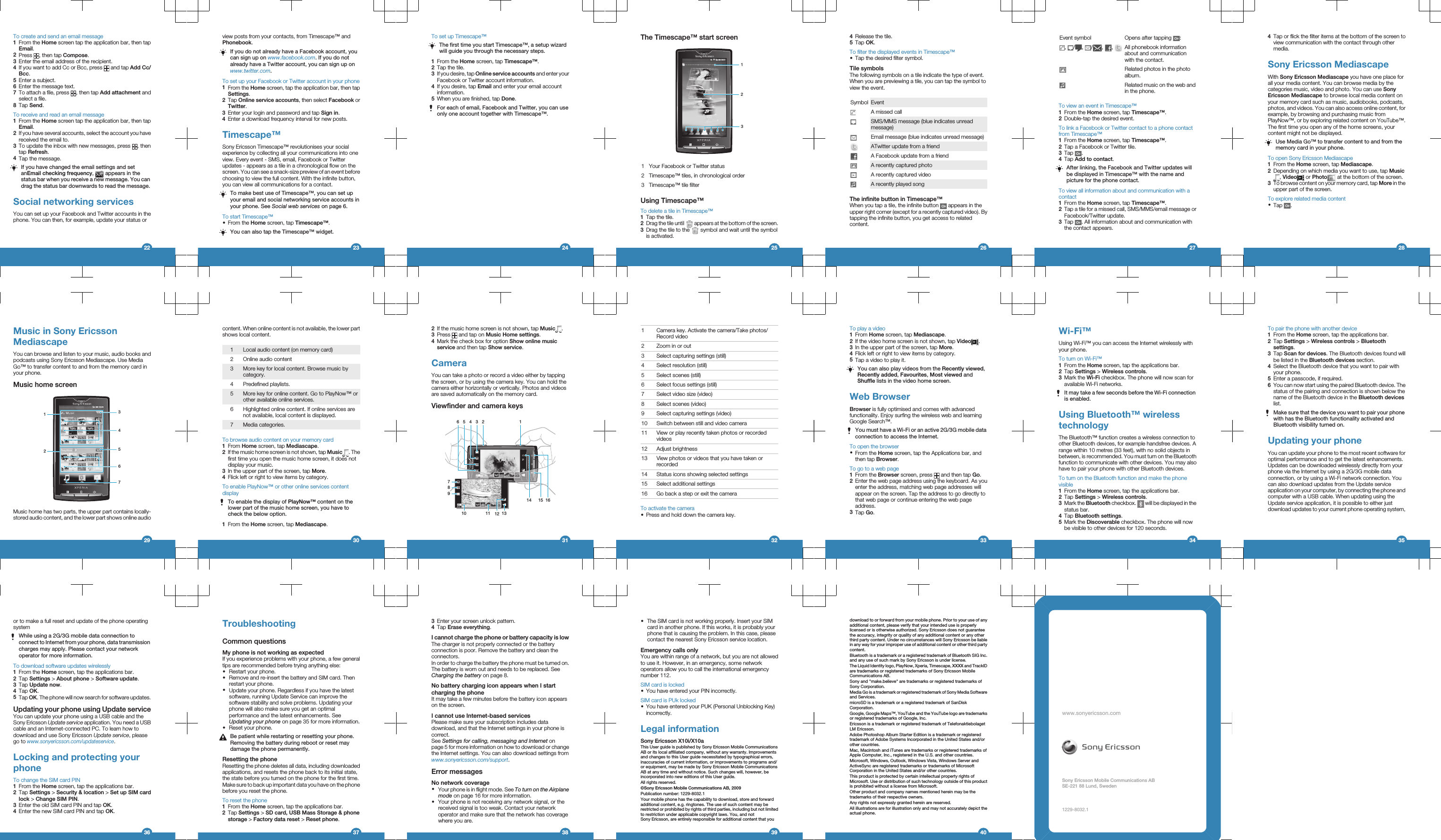 To create and send an email message1From the Home screen tap the application bar, then tapEmail.2Press  , then tap Compose.3Enter the email address of the recipient.4If you want to add Cc or Bcc, press   and tap Add Cc/Bcc.5Enter a subject.6Enter the message text.7To attach a file, press  , then tap Add attachment andselect a file.8Tap Send.To receive and read an email message1From the Home screen tap the application bar, then tapEmail.2If you have several accounts, select the account you havereceived the email to.3To update the inbox with new messages, press  , thentap Refresh.4Tap the message.If you have changed the email settings and setanEmail checking frequency,   appears in thestatus bar when you receive a new message. You candrag the status bar downwards to read the message.Social networking servicesYou can set up your Facebook and Twitter accounts in thephone. You can then, for example, update your status or22view posts from your contacts, from Timescape™ andPhonebook.If you do not already have a Facebook account, youcan sign up on www.facebook.com. If you do notalready have a Twitter account, you can sign up onwww.twitter.com.To set up your Facebook or Twitter account in your phone1From the Home screen, tap the application bar, then tapSettings.2Tap Online service accounts, then select Facebook orTwitter.3Enter your login and password and tap Sign in.4Enter a download frequency interval for new posts.Timescape™Sony Ericsson Timescape™ revolutionises your socialexperience by collecting all your communications into oneview. Every event - SMS, email, Facebook or Twitterupdates - appears as a tile in a chronological flow on thescreen. You can see a snack-size preview of an event beforechoosing to view the full content. With the infinite button,you can view all communications for a contact.To make best use of Timescape™, you can set upyour email and social networking service accounts inyour phone. See Social web services on page 6.To start Timescape™•From the Home screen, tap Timescape™.You can also tap the Timescape™ widget.23To set up Timescape™The first time you start Timescape™, a setup wizardwill guide you through the necessary steps.1From the Home screen, tap Timescape™.2Tap the tile.3If you desire, tap Online service accounts and enter yourFacebook or Twitter account information.4If you desire, tap Email and enter your email accountinformation.5When you are finished, tap Done.For each of email, Facebook and Twitter, you can useonly one account together with Timescape™.24The Timescape™ start screen2131 Your Facebook or Twitter status2 Timescape™ tiles, in chronological order3 Timescape™ tile filterUsing Timescape™To delete a tile in Timescape™1Tap the tile.2Drag the tile until   appears at the bottom of the screen.3Drag the tile to the   symbol and wait until the symbolis activated.254Release the tile.5Tap OK.To filter the displayed events in Timescape™•Tap the desired filter symbol.Tile symbolsThe following symbols on a tile indicate the type of event.When you are previewing a tile, you can tap the symbol toview the event.Symbol EventA missed callSMS/MMS message (blue indicates unreadmessage)Email message (blue indicates unread message)ATwitter update from a friendA Facebook update from a friendA recently captured photoA recently captured videoA recently played songThe infinite button in Timescape™When you tap a tile, the infinite button   appears in theupper right corner (except for a recently captured video). Bytapping the infinite button, you get access to relatedcontent.26Event symbol Opens after tapping  :,  / ,  / ,  ,  All phonebook informationabout and communicationwith the contact.Related photos in the photoalbum.Related music on the web andin the phone.To view an event in Timescape™1From the Home screen, tap Timescape™.2Double-tap the desired event.To link a Facebook or Twitter contact to a phone contactfrom Timescape™1From the Home screen, tap Timescape™.2Tap a Facebook or Twitter tile.3Tap  .4Tap Add to contact.After linking, the Facebook and Twitter updates willbe displayed in Timescape™ with the name andpicture for the phone contact.To view all information about and communication with acontact1From the Home screen, tap Timescape™.2Tap a tile for a missed call, SMS/MMS/email message orFacebook/Twitter update.3Tap  . All information about and communication withthe contact appears.274Tap or flick the filter items at the bottom of the screen toview communication with the contact through othermedia.Sony Ericsson MediascapeWith Sony Ericsson Mediascape you have one place forall your media content. You can browse media by thecategories music, video and photo. You can use SonyEricsson Mediascape to browse local media content onyour memory card such as music, audiobooks, podcasts,photos, and videos. You can also access online content, forexample, by browsing and purchasing music fromPlayNow™, or by exploring related content on YouTube™.The first time you open any of the home screens, yourcontent might not be displayed.Use Media Go™ to transfer content to and from thememory card in your phone.To open Sony Ericsson Mediascape1From the Home screen, tap Mediascape.2Depending on which media you want to use, tap Music, Video  or Photo  at the bottom of the screen.3To browse content on your memory card, tap More in theupper part of the screen.To explore related media content•Tap  .28Music in Sony EricssonMediascapeYou can browse and listen to your music, audio books andpodcasts using Sony Ericsson Mediascape. Use MediaGo™ to transfer content to and from the memory card inyour phone.Music home screen1247653Music home has two parts, the upper part contains locally-stored audio content, and the lower part shows online audio29content. When online content is not available, the lower partshows local content.1 Local audio content (on memory card)2 Online audio content3 More key for local content. Browse music bycategory.4 Predefined playlists.5 More key for online content. Go to PlayNow™ orother available online services.6 Highlighted online content. If online services arenot available, local content is displayed.7 Media categories.To browse audio content on your memory card1From Home screen, tap Mediascape.2If the music home screen is not shown, tap Music . Thefirst time you open the music home screen, it does notdisplay your music.3In the upper part of the screen, tap More.4Flick left or right to view items by category.To enable PlayNow™ or other online services contentdisplayTo enable the display of PlayNow™ content on thelower part of the music home screen, you have tocheck the below option.1From the Home screen, tap Mediascape.302If the music home screen is not shown, tap Music .3Press   and tap on Music Home settings.4Mark the check box for option Show online musicservice and then tap Show service.CameraYou can take a photo or record a video either by tappingthe screen, or by using the camera key. You can hold thecamera either horizontally or vertically. Photos and videosare saved automatically on the memory card.Viewfinder and camera keys234567891615141131110 12311 Camera key. Activate the camera/Take photos/Record video2 Zoom in or out3 Select capturing settings (still)4 Select resolution (still)5 Select scenes (still)6 Select focus settings (still)7 Select video size (video)8 Select scenes (video)9 Select capturing settings (video)10 Switch between still and video camera11 View or play recently taken photos or recordedvideos12 Adjust brightness13 View photos or videos that you have taken orrecorded14 Status icons showing selected settings15 Select additional settings16 Go back a step or exit the cameraTo activate the camera•Press and hold down the camera key.32To play a video1From Home screen, tap Mediascape.2If the video home screen is not shown, tap Video .3In the upper part of the screen, tap More.4Flick left or right to view items by category.5Tap a video to play it.You can also play videos from the Recently viewed,Recently added, Favourites, Most viewed andShuffle lists in the video home screen.Web BrowserBrowser is fully optimised and comes with advancedfunctionality. Enjoy surfing the wireless web and learningGoogle Search™.You must have a Wi-Fi or an active 2G/3G mobile dataconnection to access the Internet.To open the browser•From the Home screen, tap the Applications bar, andthen tap Browser.To go to a web page1From the Browser screen, press   and then tap Go.2Enter the web page address using the keyboard. As youenter the address, matching web page addresses willappear on the screen. Tap the address to go directly tothat web page or continue entering the web pageaddress.3Tap Go.33Wi-Fi™Using Wi-Fi™ you can access the Internet wirelessly withyour phone.To turn on Wi-Fi™1From the Home screen, tap the applications bar.2Tap Settings &gt; Wireless controls.3Mark the Wi-Fi checkbox. The phone will now scan foravailable Wi-Fi networks.It may take a few seconds before the Wi-Fi connectionis enabled.Using Bluetooth™ wirelesstechnologyThe Bluetooth™ function creates a wireless connection toother Bluetooth devices, for example handsfree devices. Arange within 10 metres (33 feet), with no solid objects inbetween, is recommended. You must turn on the Bluetoothfunction to communicate with other devices. You may alsohave to pair your phone with other Bluetooth devices.To turn on the Bluetooth function and make the phonevisible1From the Home screen, tap the applications bar.2Tap Settings &gt; Wireless controls.3Mark the Bluetooth checkbox.   will be displayed in thestatus bar.4Tap Bluetooth settings.5Mark the Discoverable checkbox. The phone will nowbe visible to other devices for 120 seconds.34To pair the phone with another device1From the Home screen, tap the applications bar.2Tap Settings &gt; Wireless controls &gt; Bluetoothsettings.3Tap Scan for devices. The Bluetooth devices found willbe listed in the Bluetooth devices section.4Select the Bluetooth device that you want to pair withyour phone.5Enter a passcode, if required.6You can now start using the paired Bluetooth device. Thestatus of the pairing and connection is shown below thename of the Bluetooth device in the Bluetooth deviceslist.Make sure that the device you want to pair your phonewith has the Bluetooth functionality activated andBluetooth visibility turned on.Updating your phoneYou can update your phone to the most recent software foroptimal performance and to get the latest enhancements.Updates can be downloaded wirelessly directly from yourphone via the Internet by using a 2G/3G mobile dataconnection, or by using a Wi-Fi network connection. Youcan also download updates from the Update serviceapplication on your computer, by connecting the phone andcomputer with a USB cable. When updating using theUpdate service application, it is possible to either justdownload updates to your current phone operating system,35or to make a full reset and update of the phone operatingsystemWhile using a 2G/3G mobile data connection toconnect to Internet from your phone, data transmissioncharges may apply. Please contact your networkoperator for more information.To download software updates wirelessly1From the Home screen, tap the applications bar.2Tap Settings &gt; About phone &gt; Software update.3Tap Update now.4Tap OK.5Tap OK. The phone will now search for software updates.Updating your phone using Update serviceYou can update your phone using a USB cable and theSony Ericsson Update service application. You need a USBcable and an Internet-connected PC. To learn how todownload and use Sony Ericsson Update service, pleasego to www.sonyericsson.com/updateservice.Locking and protecting yourphoneTo change the SIM card PIN1From the Home screen, tap the applications bar.2Tap Settings &gt; Security &amp; location &gt; Set up SIM cardlock &gt; Change SIM PIN.3Enter the old SIM card PIN and tap OK.4Enter the new SIM card PIN and tap OK.36TroubleshootingCommon questionsMy phone is not working as expectedIf you experience problems with your phone, a few generaltips are recommended before trying anything else:•Restart your phone.•Remove and re-insert the battery and SIM card. Thenrestart your phone.•Update your phone. Regardless if you have the latestsoftware, running Update Service can improve thesoftware stability and solve problems. Updating yourphone will also make sure you get an optimalperformance and the latest enhancements. SeeUpdating your phone on page 35 for more information.•Reset your phone.Be patient while restarting or resetting your phone.Removing the battery during reboot or reset maydamage the phone permanently.Resetting the phoneResetting the phone deletes all data, including downloadedapplications, and resets the phone back to its initial state,the state before you turned on the phone for the first time.Make sure to back up important data you have on the phonebefore you reset the phone.To reset the phone1From the Home screen, tap the applications bar.2Tap Settings &gt; SD card, USB Mass Storage &amp; phonestorage &gt; Factory data reset &gt; Reset phone.373Enter your screen unlock pattern.4Tap Erase everything.I cannot charge the phone or battery capacity is lowThe charger is not properly connected or the batteryconnection is poor. Remove the battery and clean theconnectors.In order to charge the battery the phone must be turned on.The battery is worn out and needs to be replaced. SeeCharging the battery on page 8.No battery charging icon appears when I startcharging the phoneIt may take a few minutes before the battery icon appearson the screen.I cannot use Internet-based servicesPlease make sure your subscription includes datadownload, and that the Internet settings in your phone iscorrect.See Settings for calling, messaging and Internet onpage 5 for more information on how to download or changethe Internet settings. You can also download settings fromwww.sonyericsson.com/support.Error messagesNo network coverage•Your phone is in flight mode. See To turn on the Airplanemode on page 16 for more information.•Your phone is not receiving any network signal, or thereceived signal is too weak. Contact your networkoperator and make sure that the network has coveragewhere you are.38•The SIM card is not working properly. Insert your SIMcard in another phone. If this works, it is probably yourphone that is causing the problem. In this case, pleasecontact the nearest Sony Ericsson service location.Emergency calls onlyYou are within range of a network, but you are not allowedto use it. However, in an emergency, some networkoperators allow you to call the international emergencynumber 112.SIM card is locked•You have entered your PIN incorrectly.SIM card is PUk locked•You have entered your PUK (Personal Unblocking Key)incorrectly.Legal informationSony Ericsson X10i/X10aThis User guide is published by Sony Ericsson Mobile CommunicationsAB or its local affiliated company, without any warranty. Improvementsand changes to this User guide necessitated by typographical errors,inaccuracies of current information, or improvements to programs and/or equipment, may be made by Sony Ericsson Mobile CommunicationsAB at any time and without notice. Such changes will, however, beincorporated into new editions of this User guide.All rights reserved.©Sony Ericsson Mobile Communications AB, 2009Publication number: 1229-8032.1Your mobile phone has the capability to download, store and forwardadditional content, e.g. ringtones. The use of such content may berestricted or prohibited by rights of third parties, including but not limitedto restriction under applicable copyright laws. You, and notSony Ericsson, are entirely responsible for additional content that you39download to or forward from your mobile phone. Prior to your use of anyadditional content, please verify that your intended use is properlylicensed or is otherwise authorized. Sony Ericsson does not guaranteethe accuracy, integrity or quality of any additional content or any otherthird party content. Under no circumstances will Sony Ericsson be liablein any way for your improper use of additional content or other third partycontent.Bluetooth is a trademark or a registered trademark of Bluetooth SIG Inc.and any use of such mark by Sony Ericsson is under license.The Liquid Identity logo, PlayNow, Xperia, Timescape, XXXX and TrackIDare trademarks or registered trademarks of Sony Ericsson MobileCommunications AB.Sony and &quot;make.believe&quot; are trademarks or registered trademarks ofSony Corporation.Media Go is a trademark or registered trademark of Sony Media Softwareand Services.microSD is a trademark or a registered trademark of SanDiskCorporation.Google, Google Maps™, YouTube and the YouTube logo are trademarksor registered trademarks of Google, Inc.Ericsson is a trademark or registered trademark of TelefonaktiebolagetLM Ericsson.Adobe Photoshop Album Starter Edition is a trademark or registeredtrademark of Adobe Systems Incorporated in the United States and/orother countries.Mac, Macintosh and iTunes are trademarks or registered trademarks ofApple Computer, Inc., registered in the U.S. and other countries.Microsoft, Windows, Outlook, Windows Vista, Windows Server andActiveSync are registered trademarks or trademarks of MicrosoftCorporation in the United States and/or other countries.This product is protected by certain intellectual property rights ofMicrosoft. Use or distribution of such technology outside of this productis prohibited without a license from Microsoft.Other product and company names mentioned herein may be thetrademarks of their respective owners.Any rights not expressly granted herein are reserved.All illustrations are for illustration only and may not accurately depict theactual phone.40www.sonyericsson.comSony Ericsson Mobile Communications ABSE-221 88 Lund, Sweden1229-8032.1