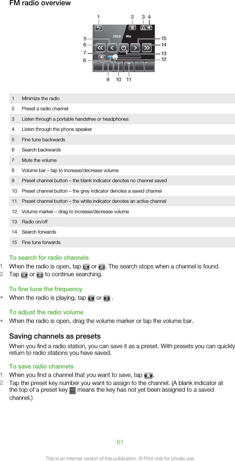 FM radio overview102,0      Mhz1234109115614157813121 Minimize the radio2 Preset a radio channel3 Listen through a portable handsfree or headphones4 Listen through the phone speaker5 Fine tune backwards6 Search backwards7 Mute the volume8 Volume bar – tap to increase/decrease volume9 Preset channel button – the blank indicator denotes no channel saved10 Preset channel button – the grey indicator denotes a saved channel11 Preset channel button – the white indicator denotes an active channel12 Volume marker – drag to increase/decrease volume13 Radio on/off14 Search forwards15 Fine tune forwardsTo search for radio channels1When the radio is open, tap   or  . The search stops when a channel is found.2Tap   or   to continue searching.To fine tune the frequency•When the radio is playing, tap   or   .To adjust the radio volume•When the radio is open, drag the volume marker or tap the volume bar.Saving channels as presetsWhen you find a radio station, you can save it as a preset. With presets you can quicklyreturn to radio stations you have saved.To save radio channels1When you find a channel that you want to save, tap  .2Tap the preset key number you want to assign to the channel. (A blank indicator atthe top of a preset key   means the key has not yet been assigned to a savedchannel.)61This is an Internet version of this publication. © Print only for private use.