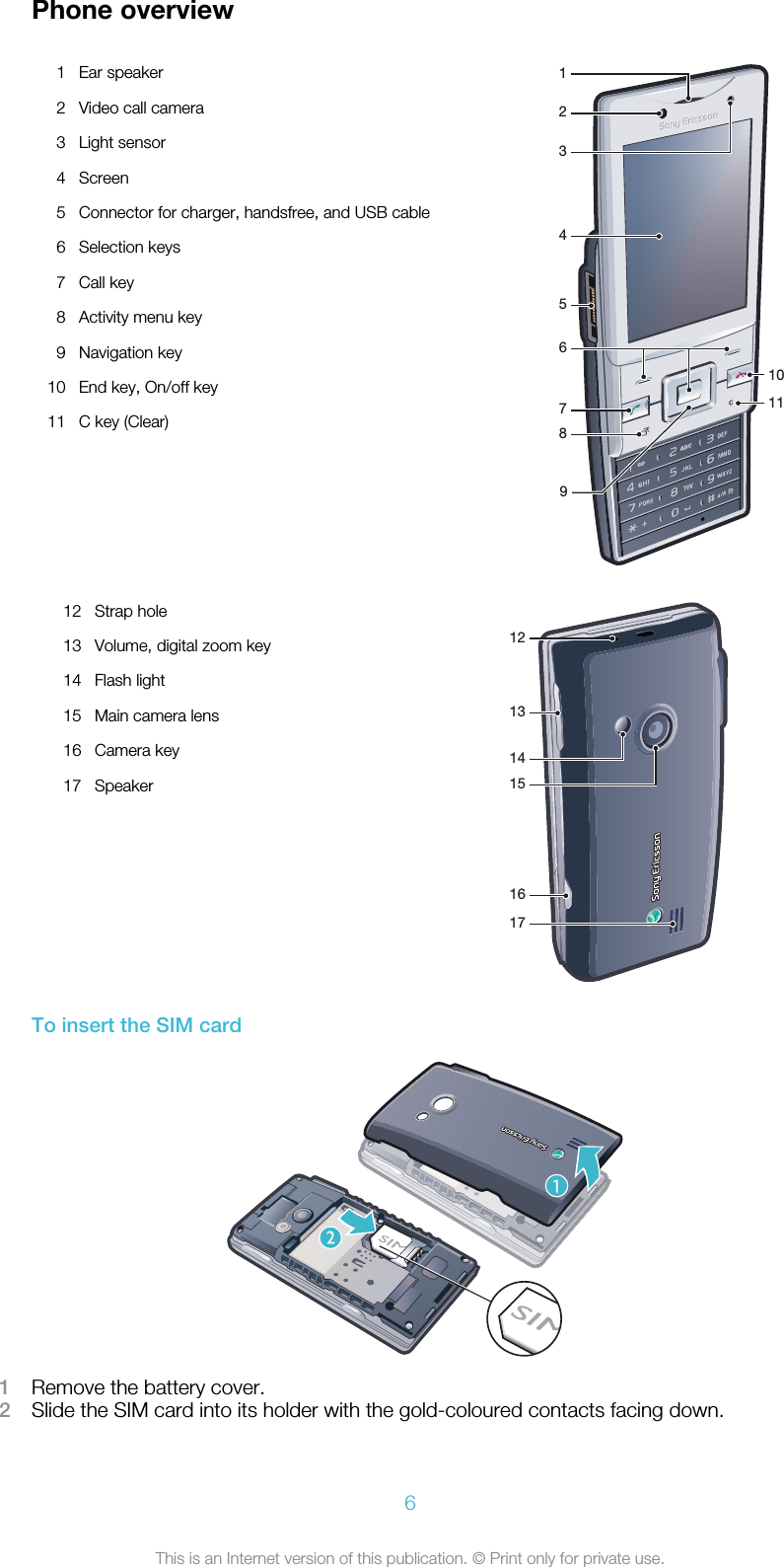 Phone overview1 Ear speaker13624578910112 Video call camera3 Light sensor4 Screen5 Connector for charger, handsfree, and USB cable6 Selection keys7 Call key8 Activity menu key9 Navigation key10 End key, On/off key11 C key (Clear)12 Strap hole12131617141513 Volume, digital zoom key14 Flash light15 Main camera lens16 Camera key17 SpeakerTo insert the SIM card1Remove the battery cover.2Slide the SIM card into its holder with the gold-coloured contacts facing down.6This is an Internet version of this publication. © Print only for private use.